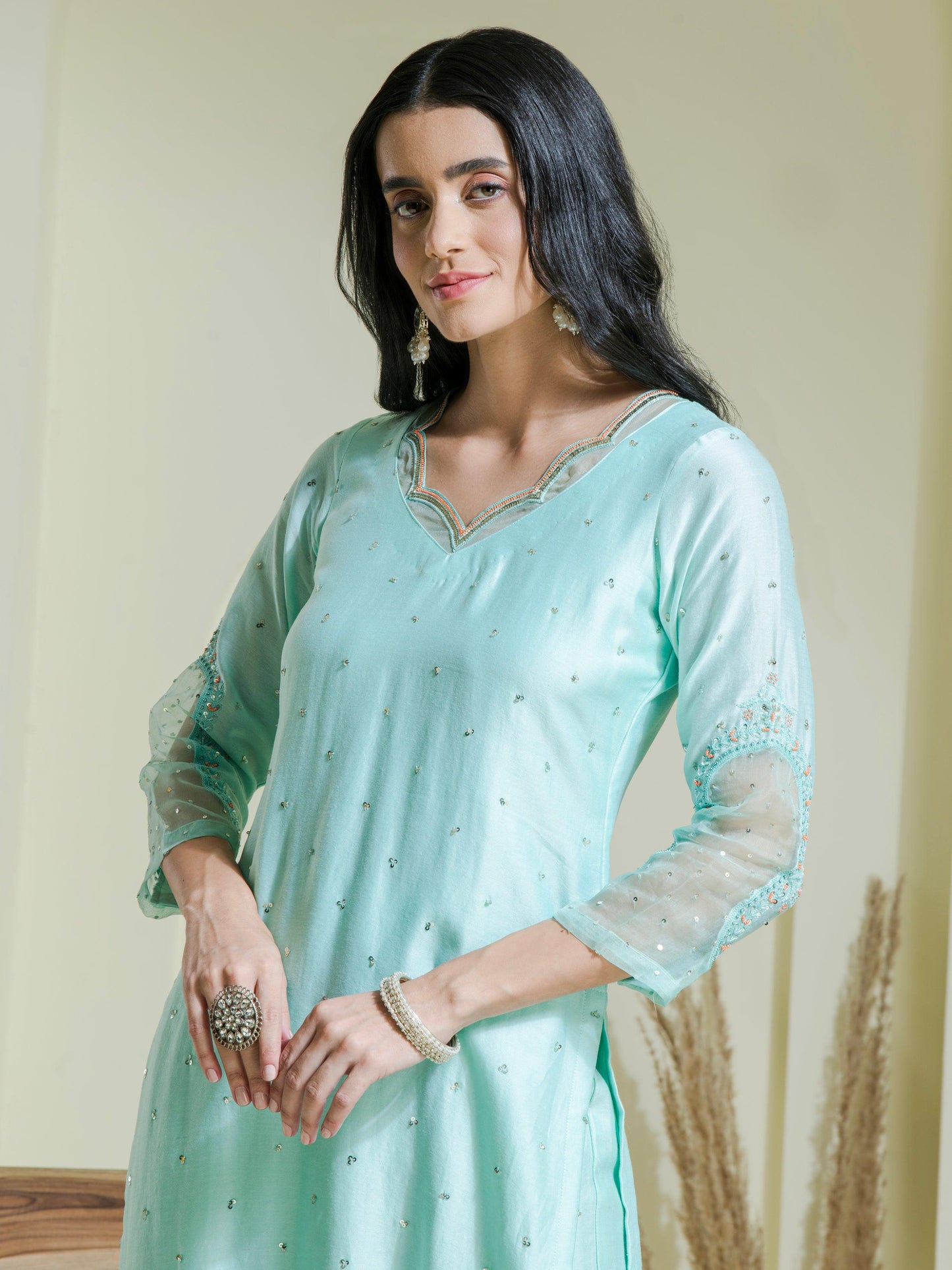 Mint Green Hand Embroidered Chanderi Kurta Set Front view