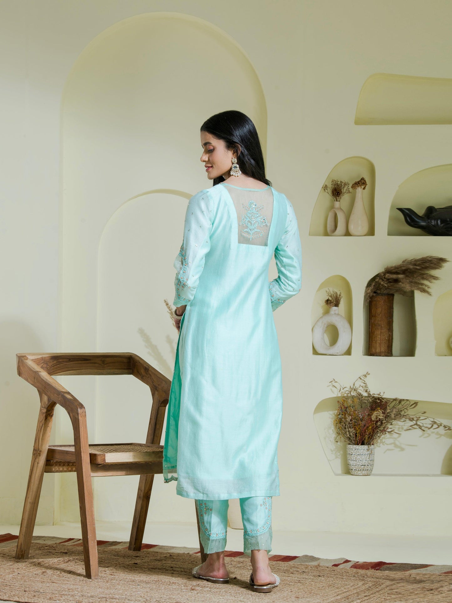 Mint Green Hand Embroidered Chanderi Kurta Set back side