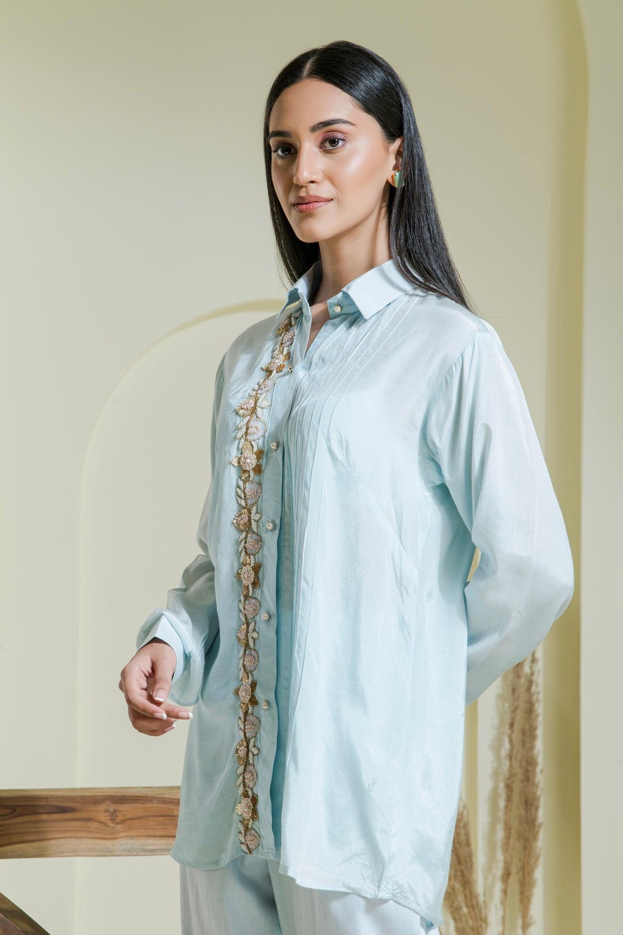 Powder_Blue_Embroidered_Cotton_Shirt side view
