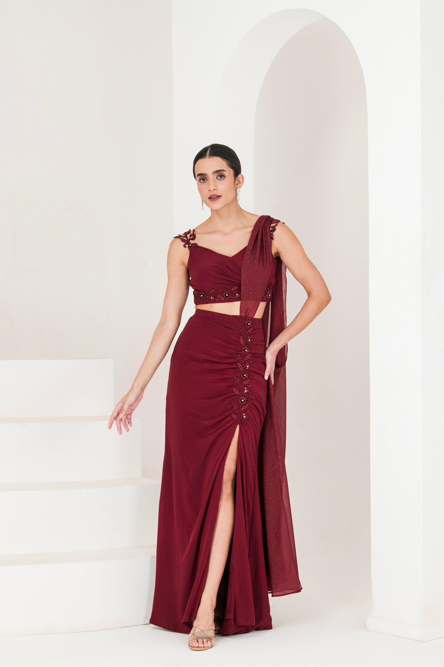 Pre Stitched Red Saree