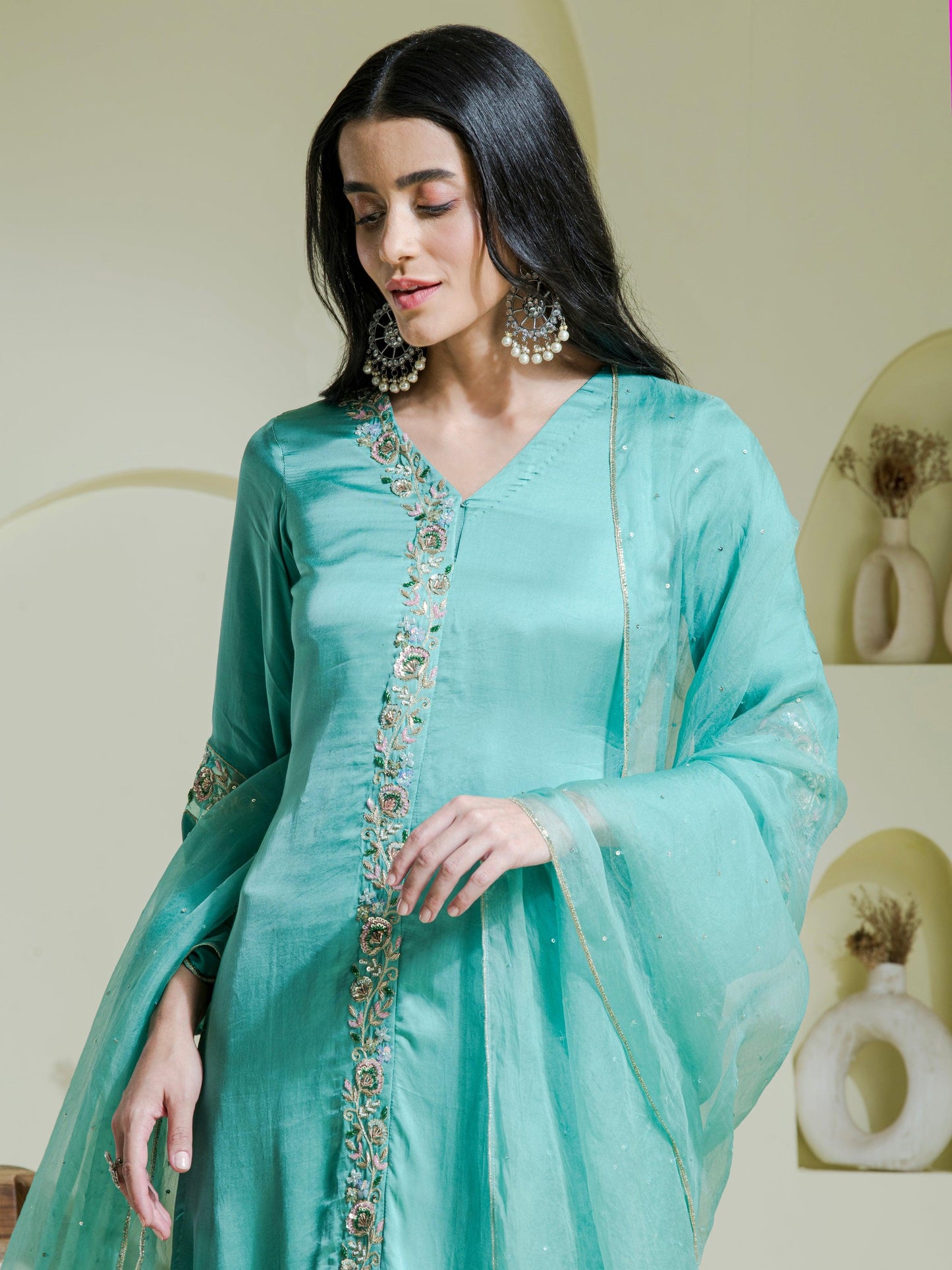Sea Green Hand Embroidered Three Piece set