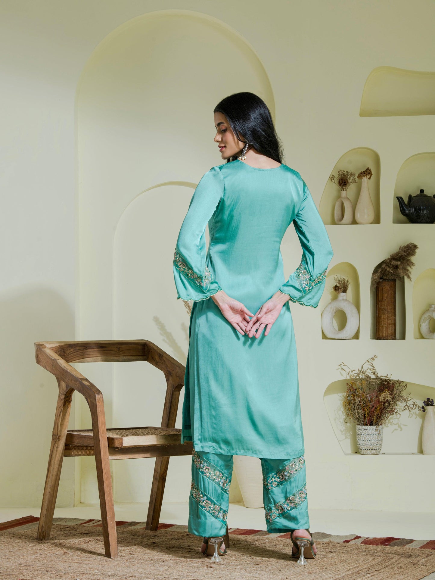 Sea Green Hand Embroidered Three Piece set back view