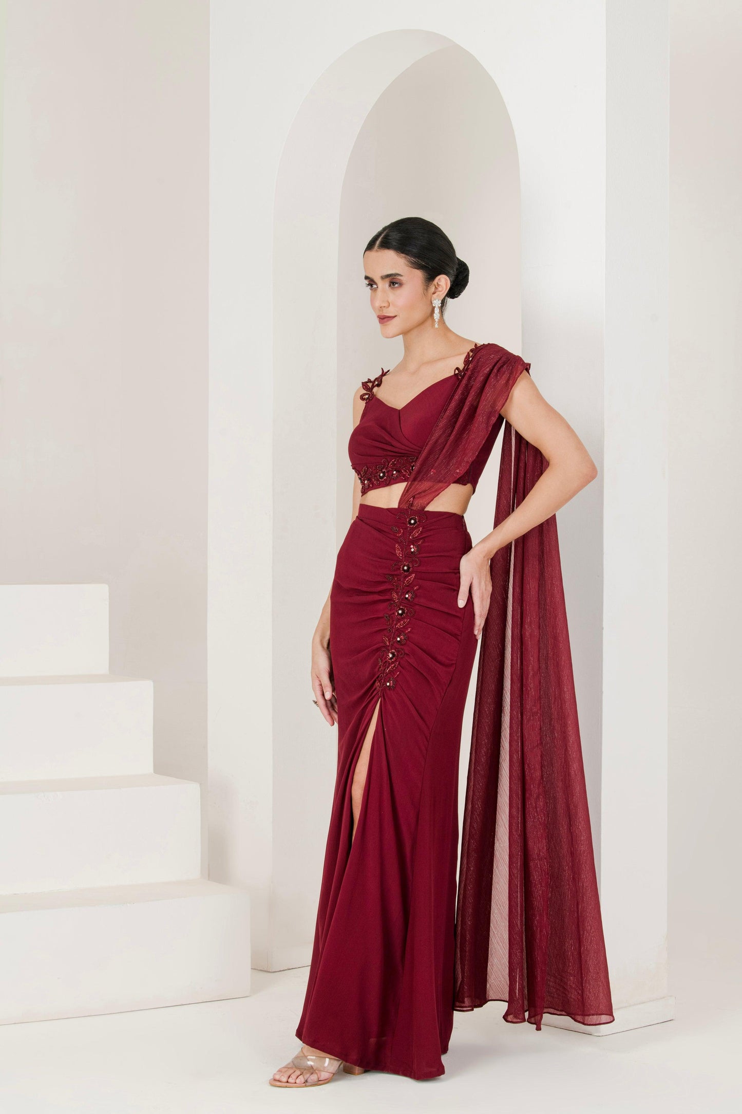 Side pose of pre-stitched designer saree