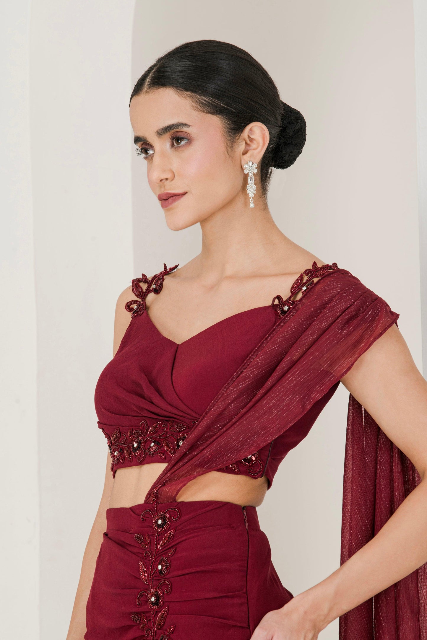 Side pose of pre-stitched with designer pleats