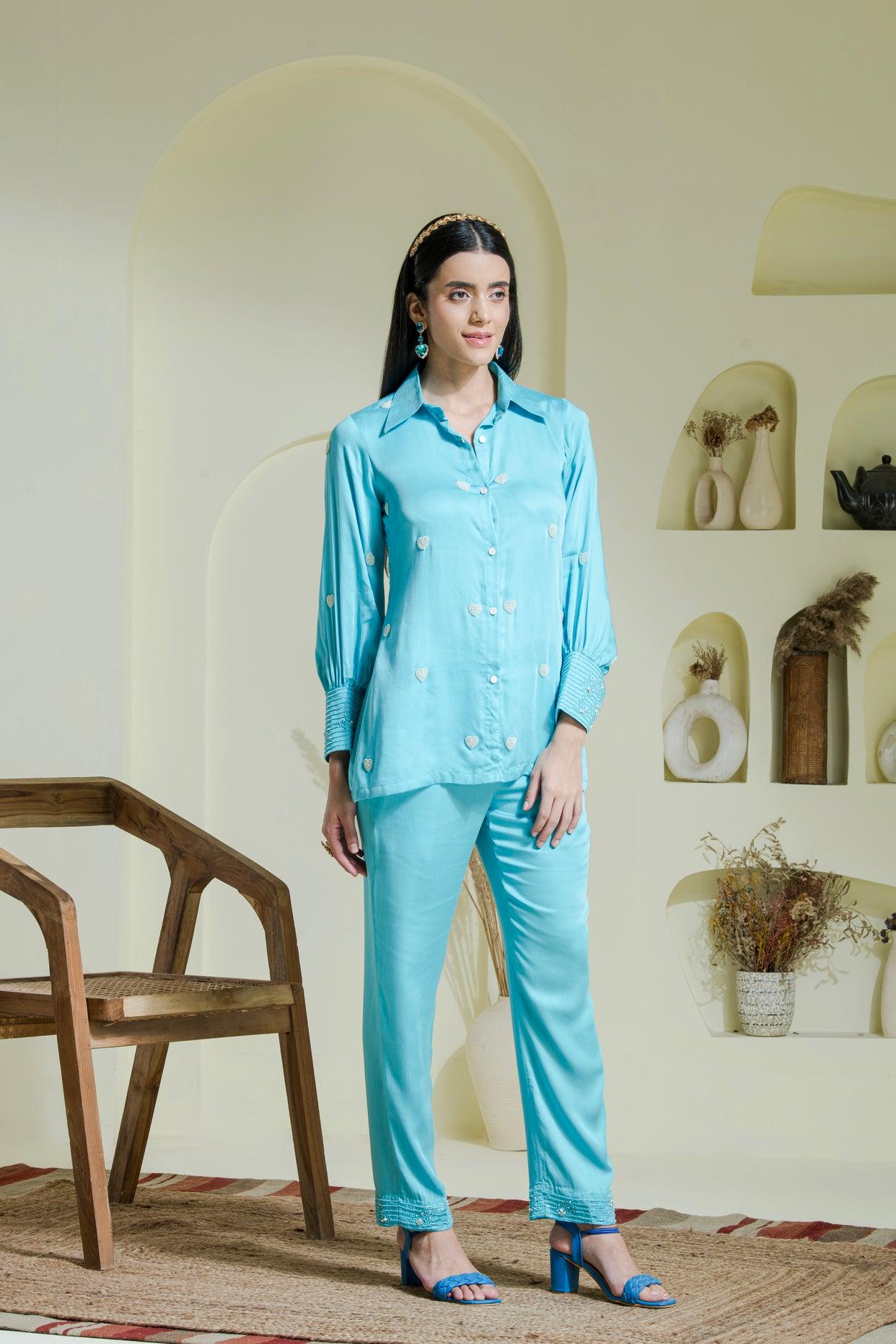 Sky Blue Heart Embroidered Co-ord Set for women
