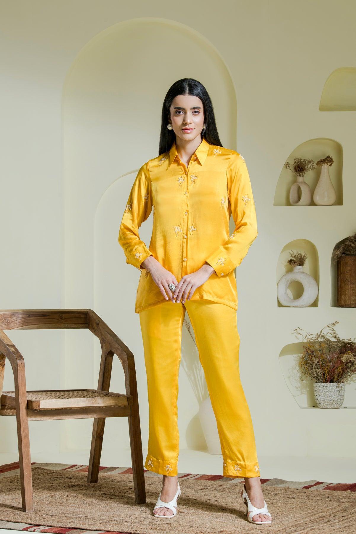 Sunshine Yellow Satin Embroidered co-ord set for women