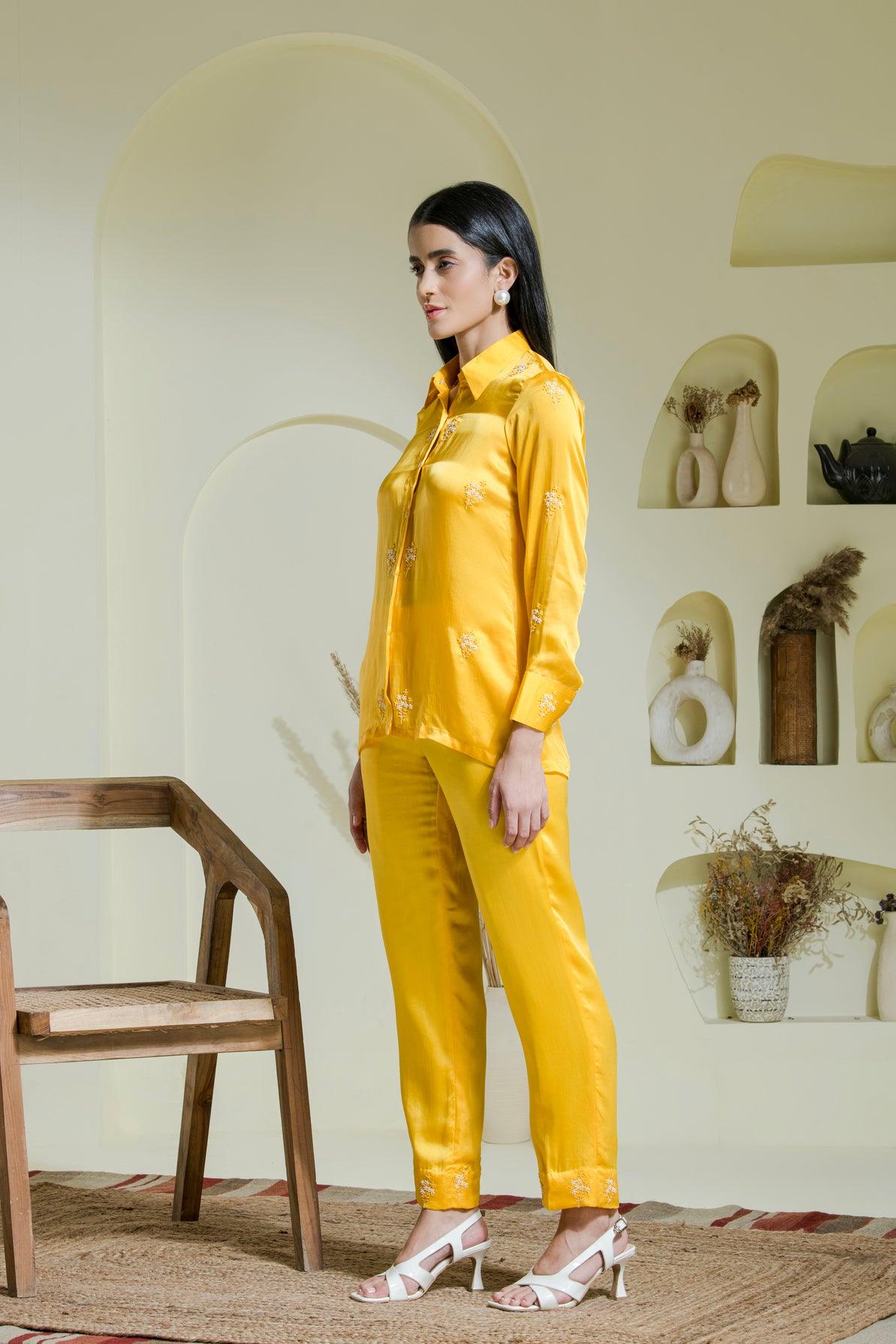 Sunshine Yellow Satin Embroidered co-ord set for women sidepose