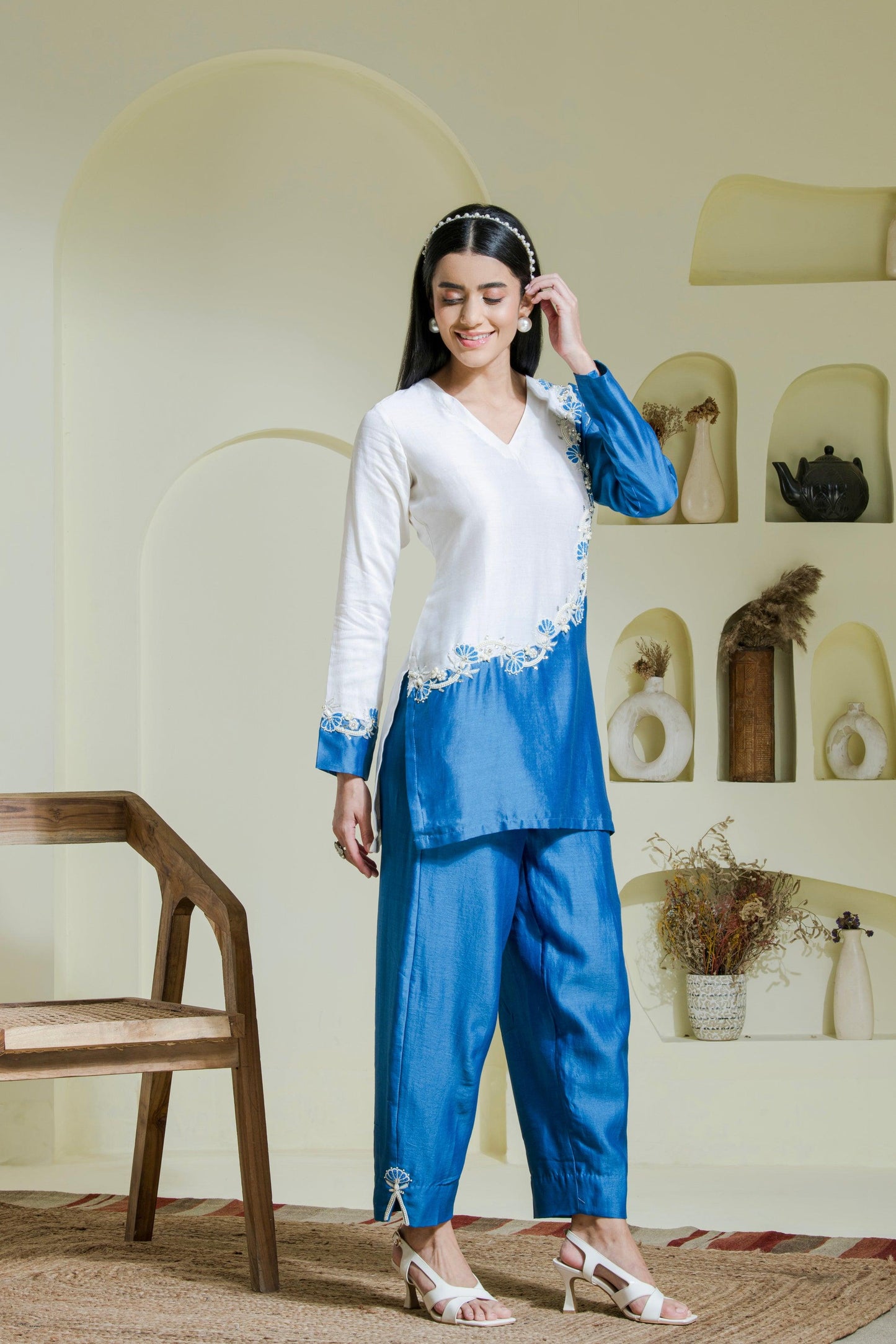 White & Blue Hand Embroidered Chanderi Kurta Set