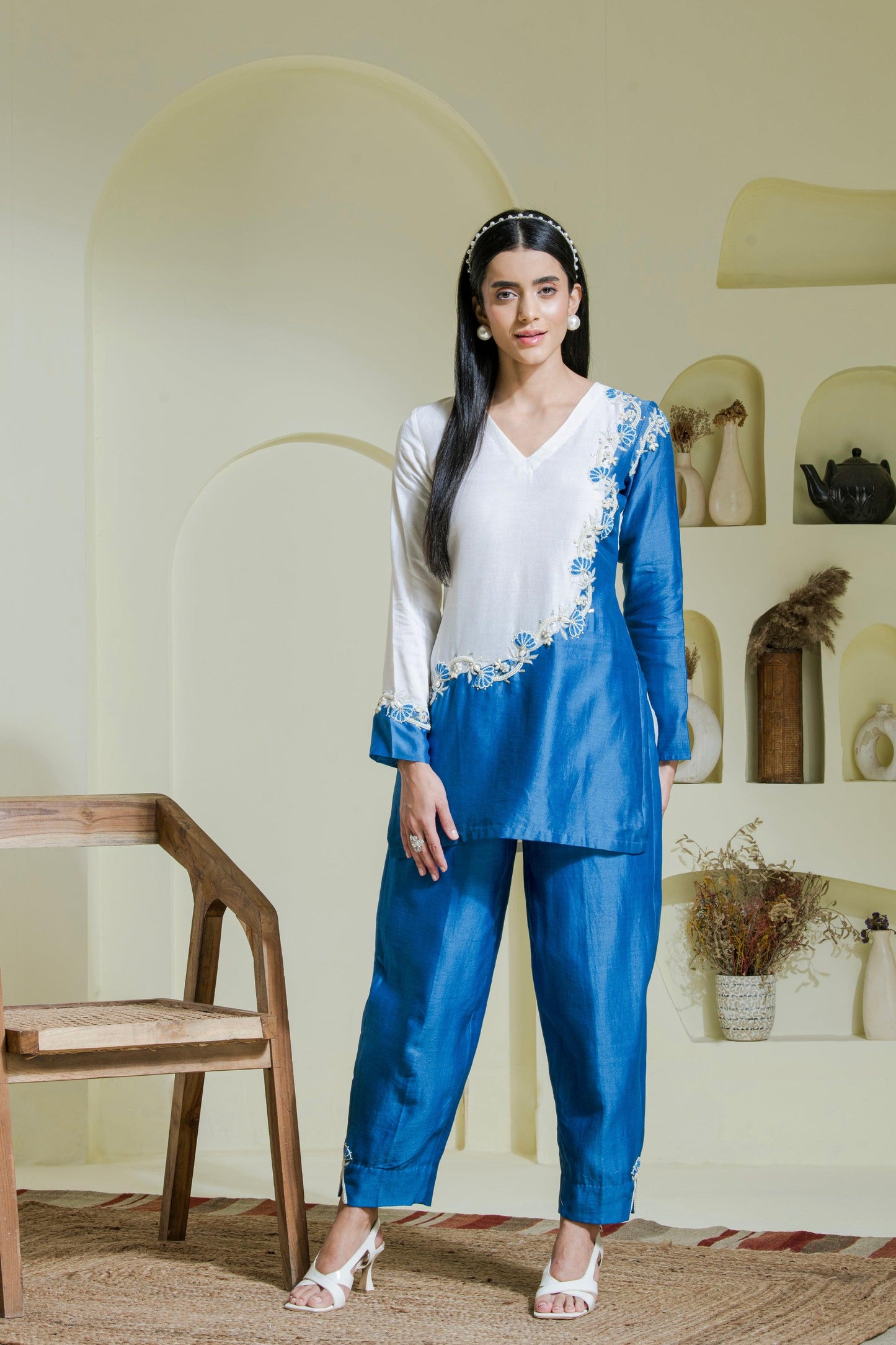 White & Blue Hand Embroidered Chanderi Kurta Set Front view