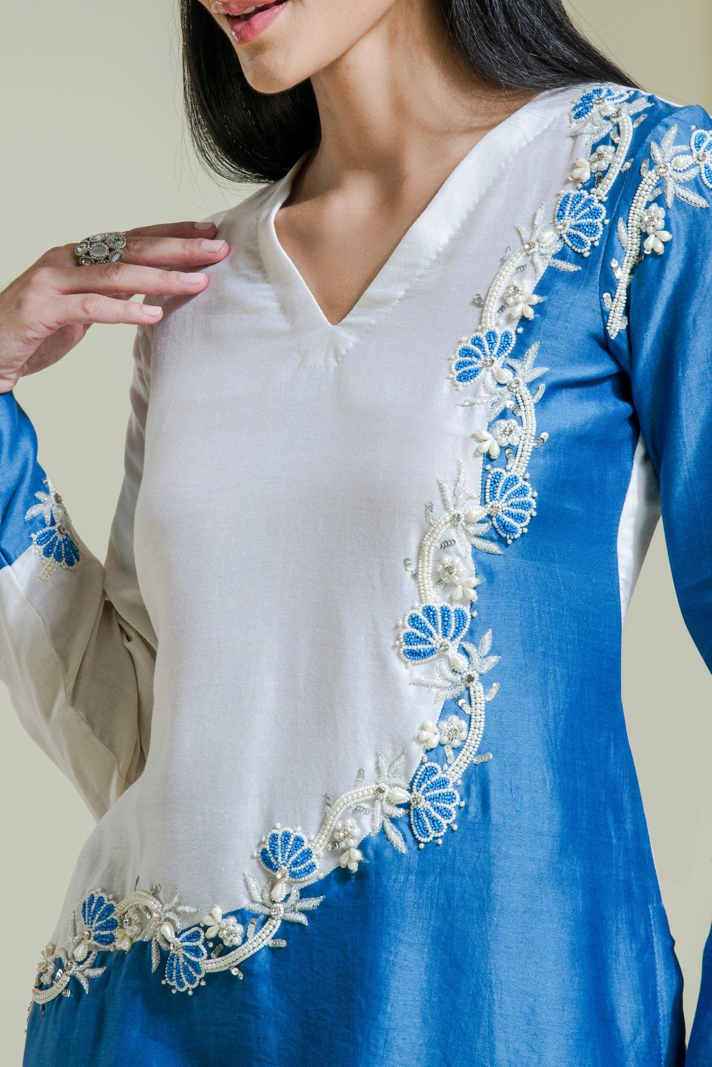 White & Blue Hand Embroidered Designer Chanderi Kurta Set