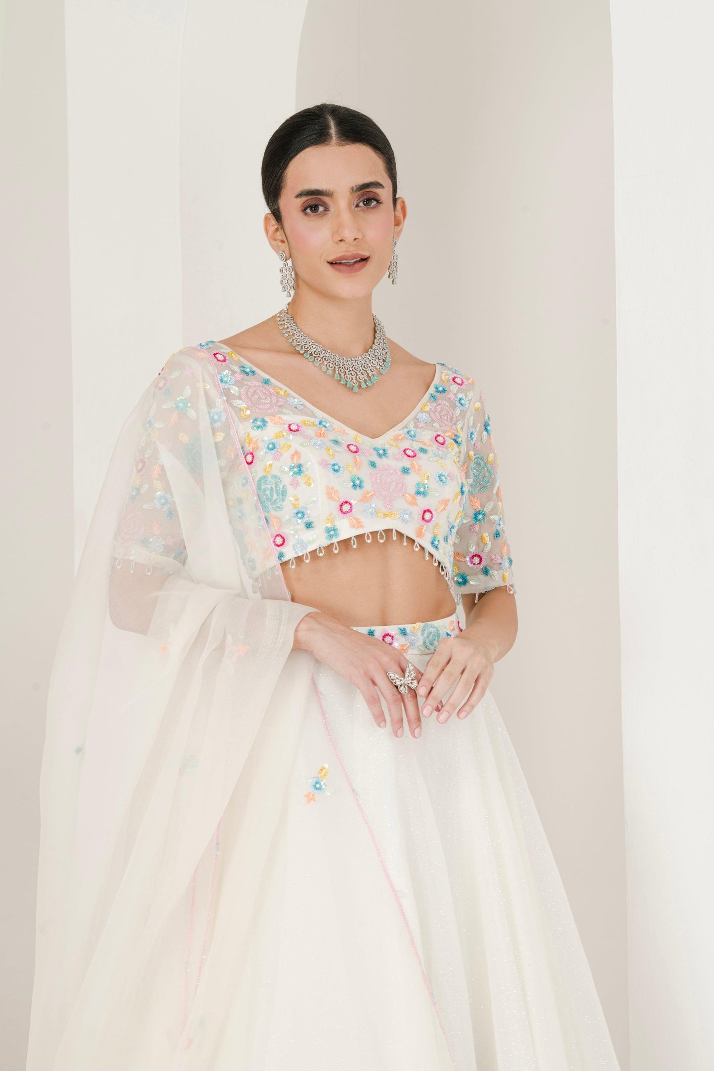 White Floral Hand Embroidered Organza Lehenga set for women
