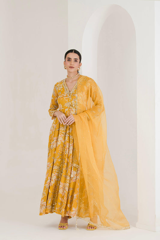 Yellow Floral Print Hand Embroidered Anarkali