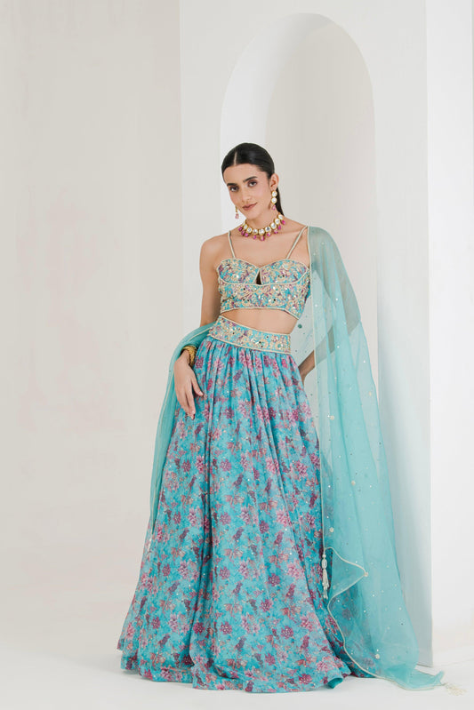 Aqua Floral Print Hand Embroidered Organza Lehenga (Set of 3) - Maive Fashion