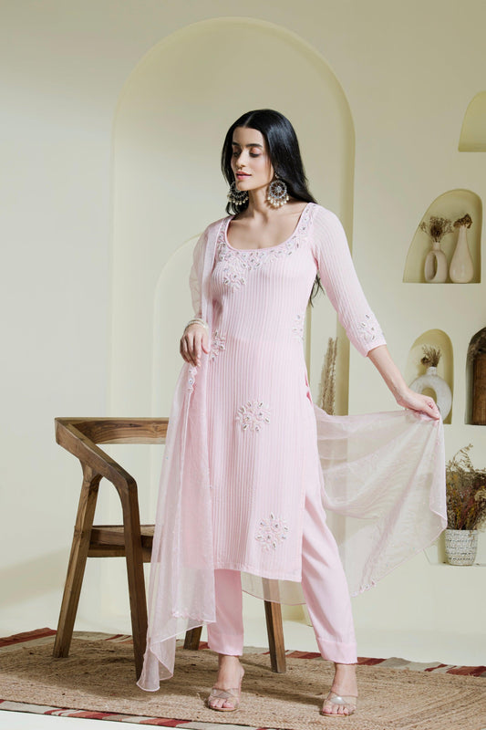 Baby Pink Hand Embroidered three Georgette Kurta Set ( Set of 3 ) - Maive Fashion