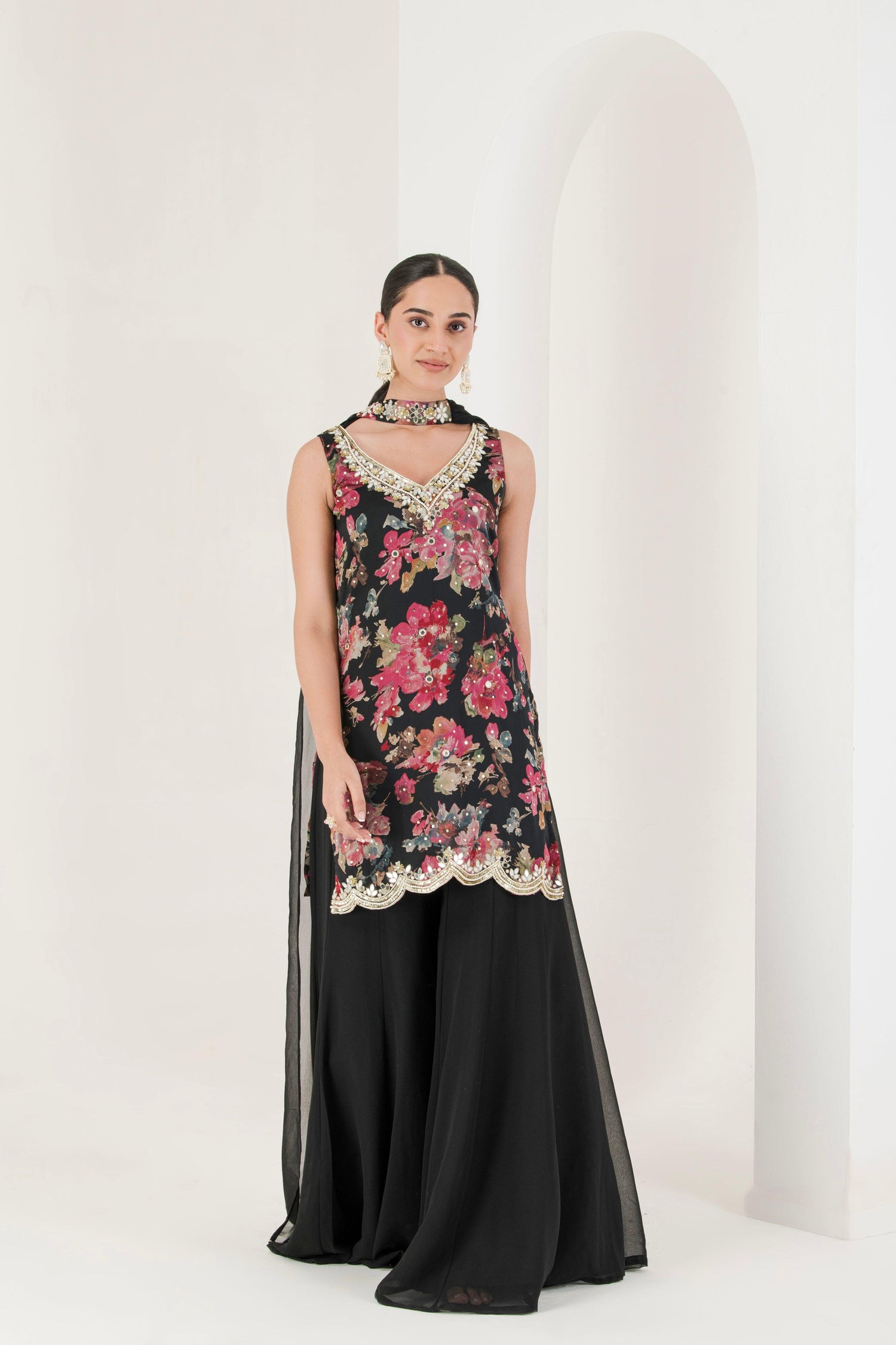 Black Floral Print Mirror Work Sharara