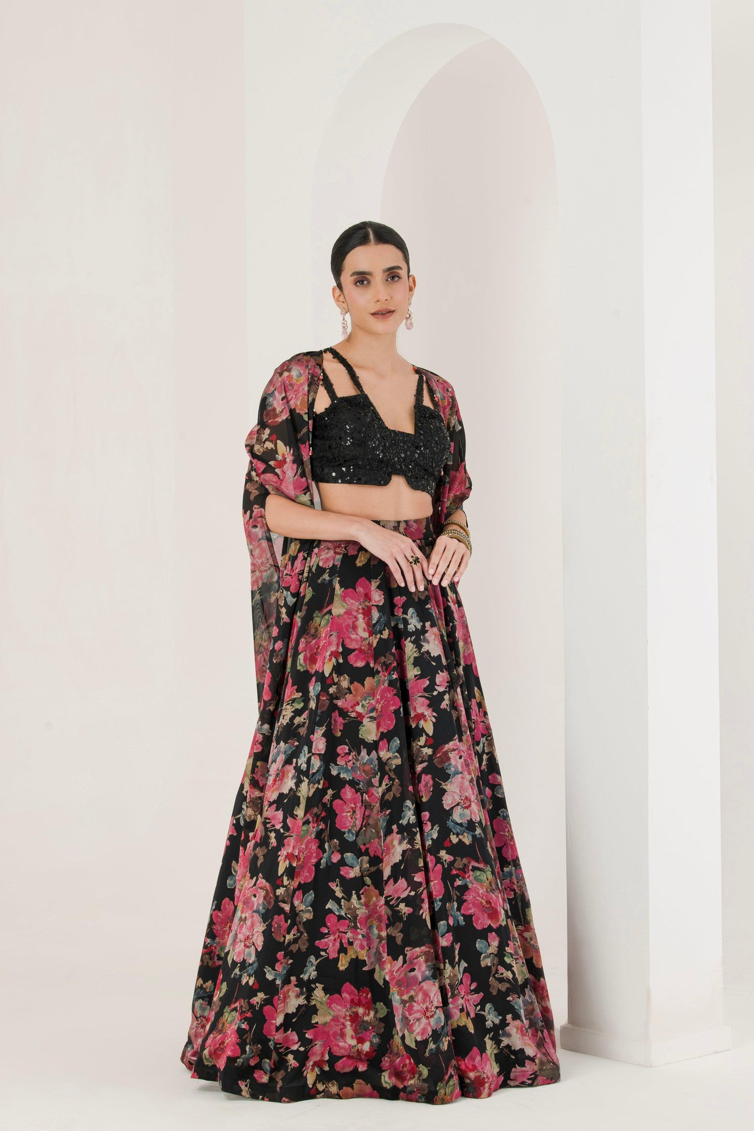 Black floral Print Lehenga With Cape ( Se