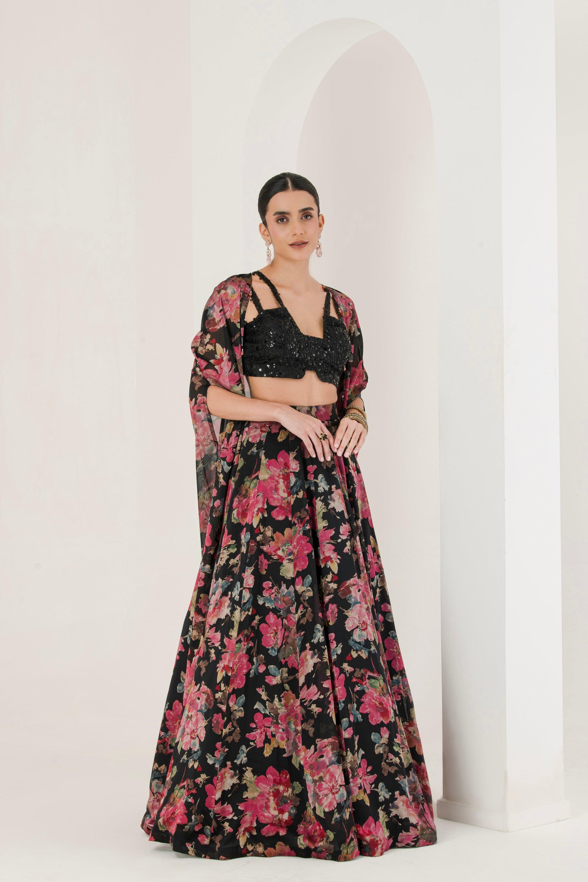 Black floral Print Lehenga With Cape ( Se