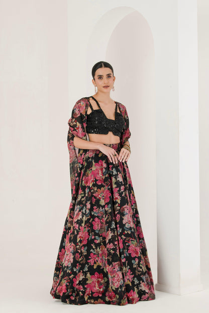 Black floral Print Lehenga With Cape ( Se