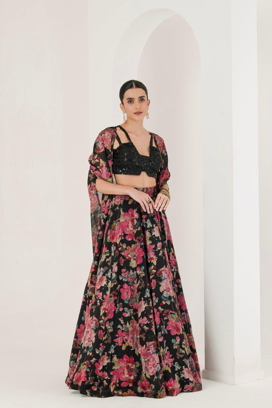 Black floral Print Lehenga With Cape ( Se