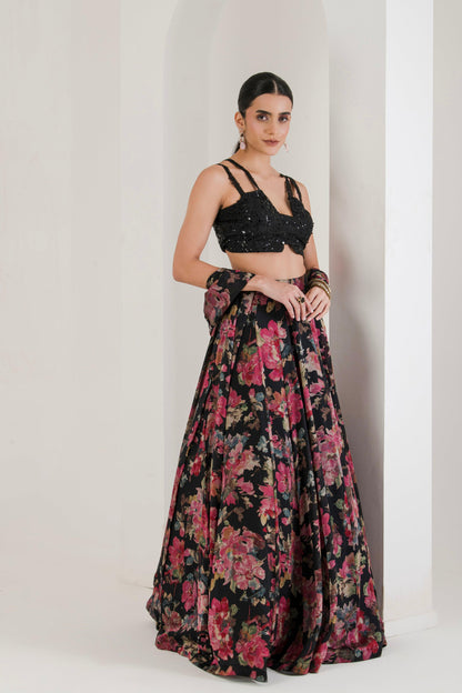 Black floral Print Lehenga With Cape side view