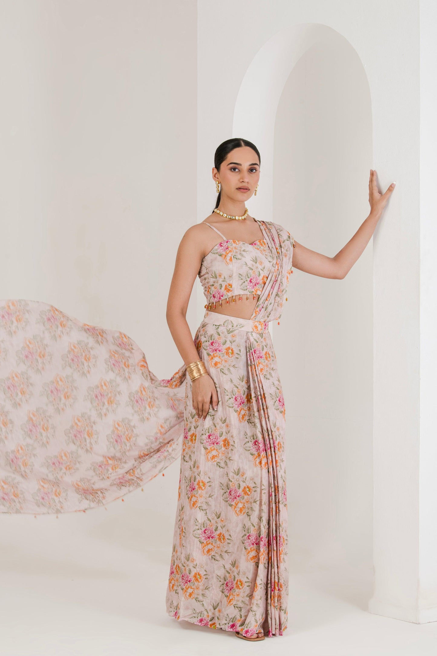 Blush Pink floral print pre stitched Saree