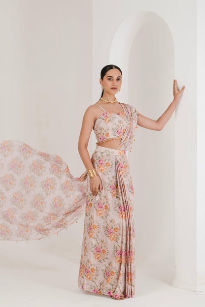 Blush Pink floral print pre stitched Saree
