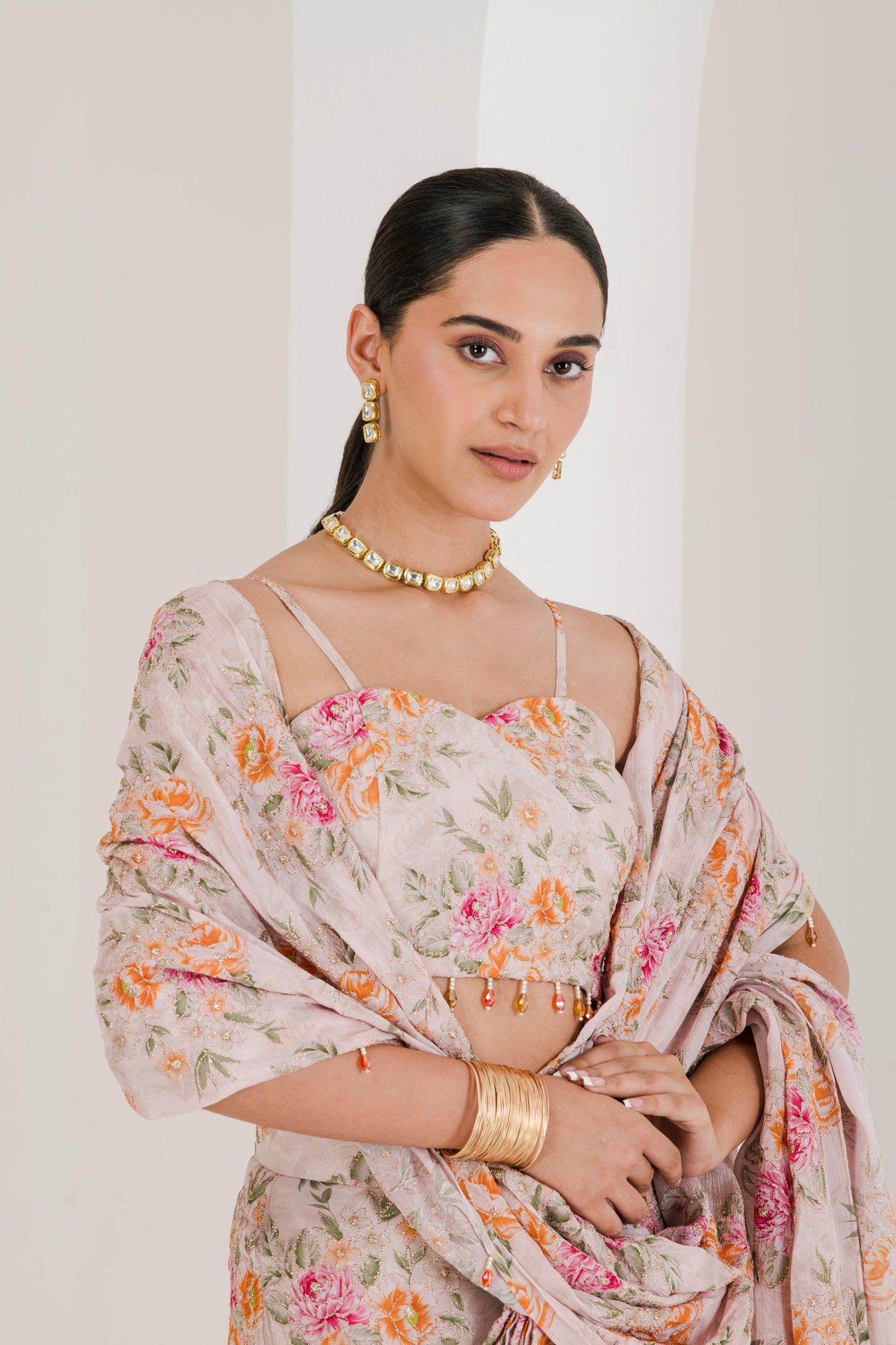 Blush Pink floral print pre stitched Saree front  side