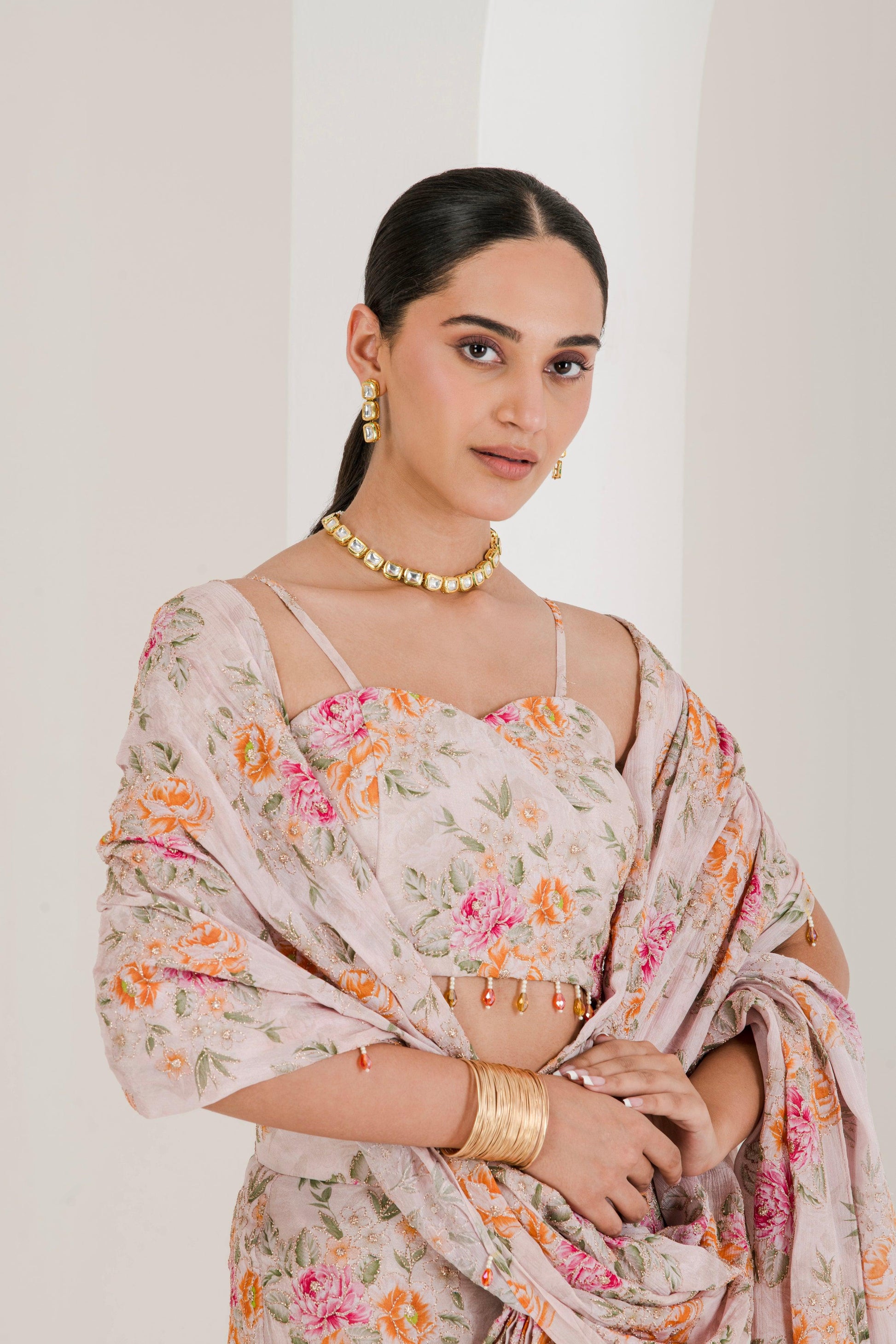 Blush Pink floral print pre stitched Saree front  side