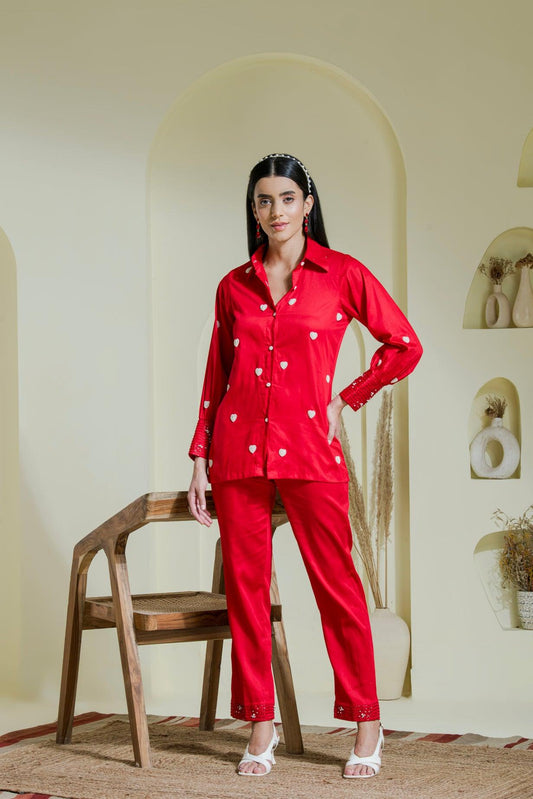 Crimson Red Heart Embroidered Co ord for women