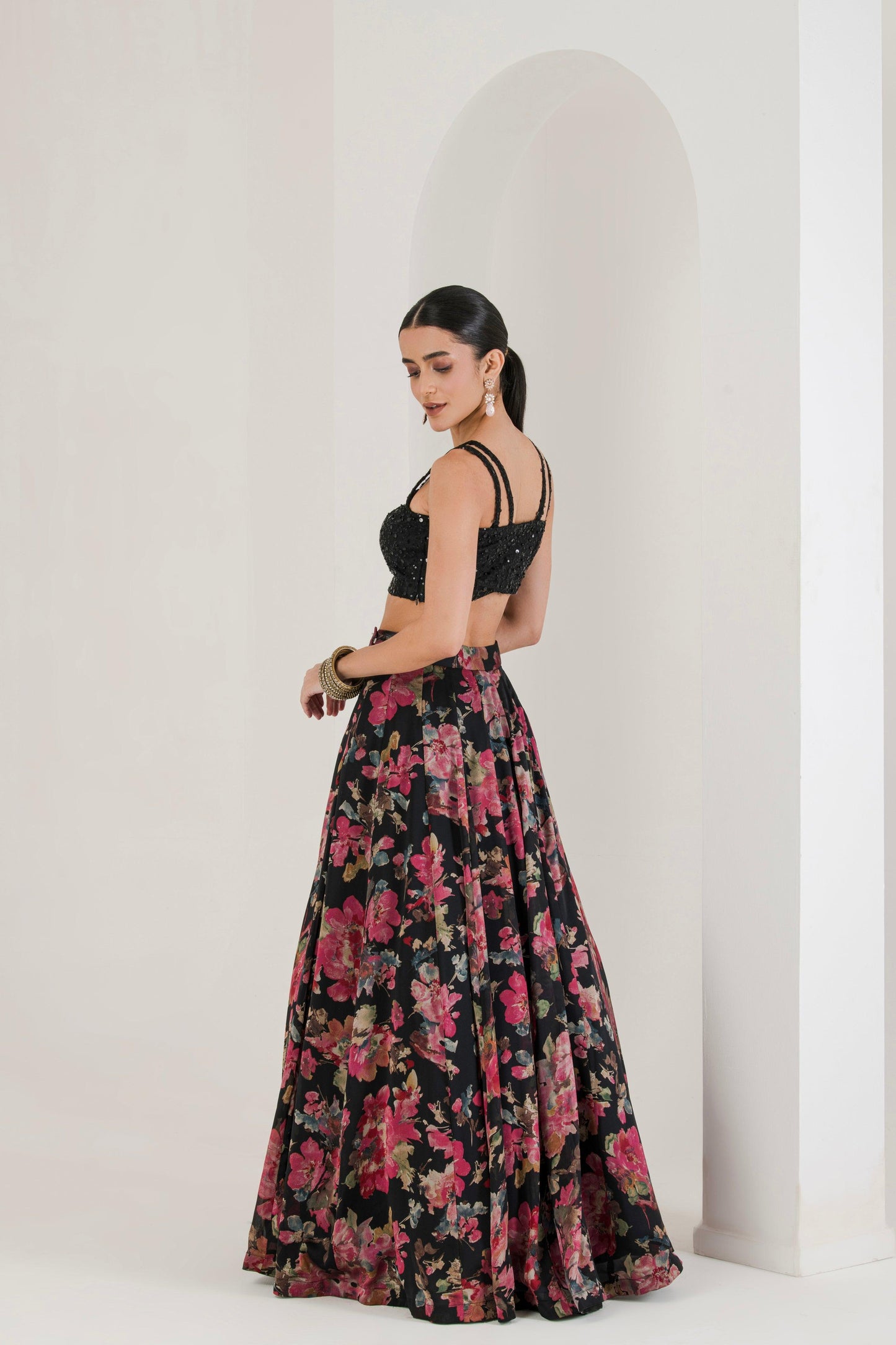Designer Black floral Print Lehenga With Cape back view