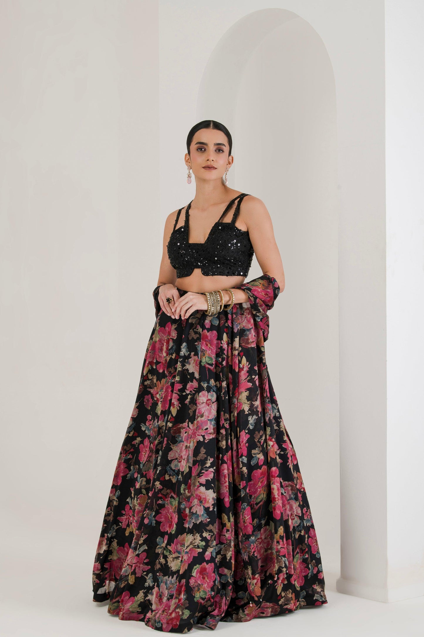 Designer Black floral Print Lehenga With Cape side view