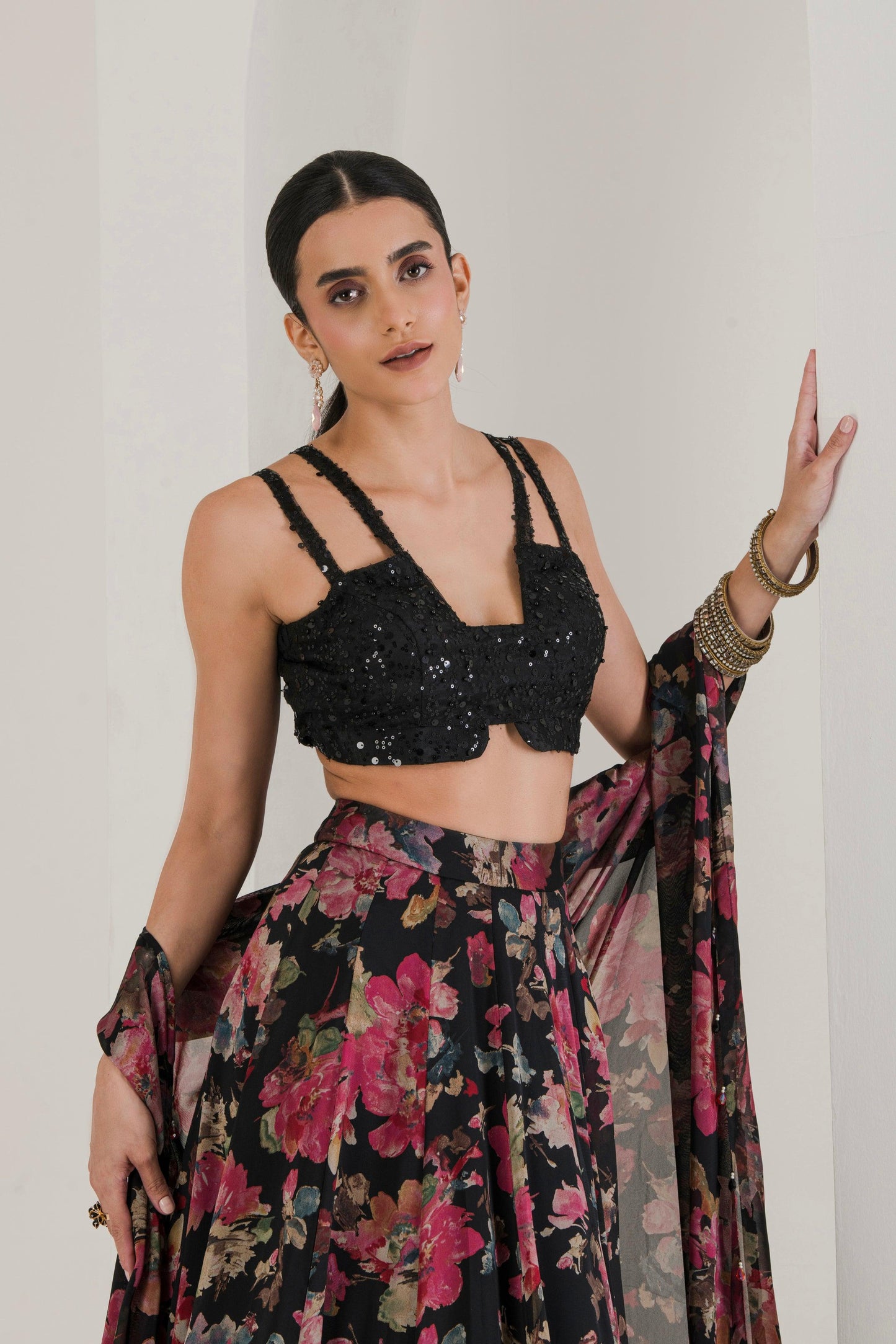 Designer Black floral Print Lehenga With Cape sideview