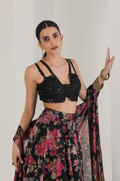 Designer Black floral Print Lehenga With Cape sideview