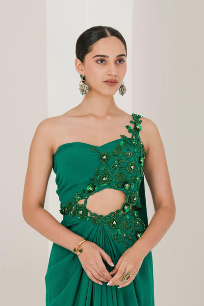 Designer Bottle Green Hand Embroidered Pre Stitched Saree