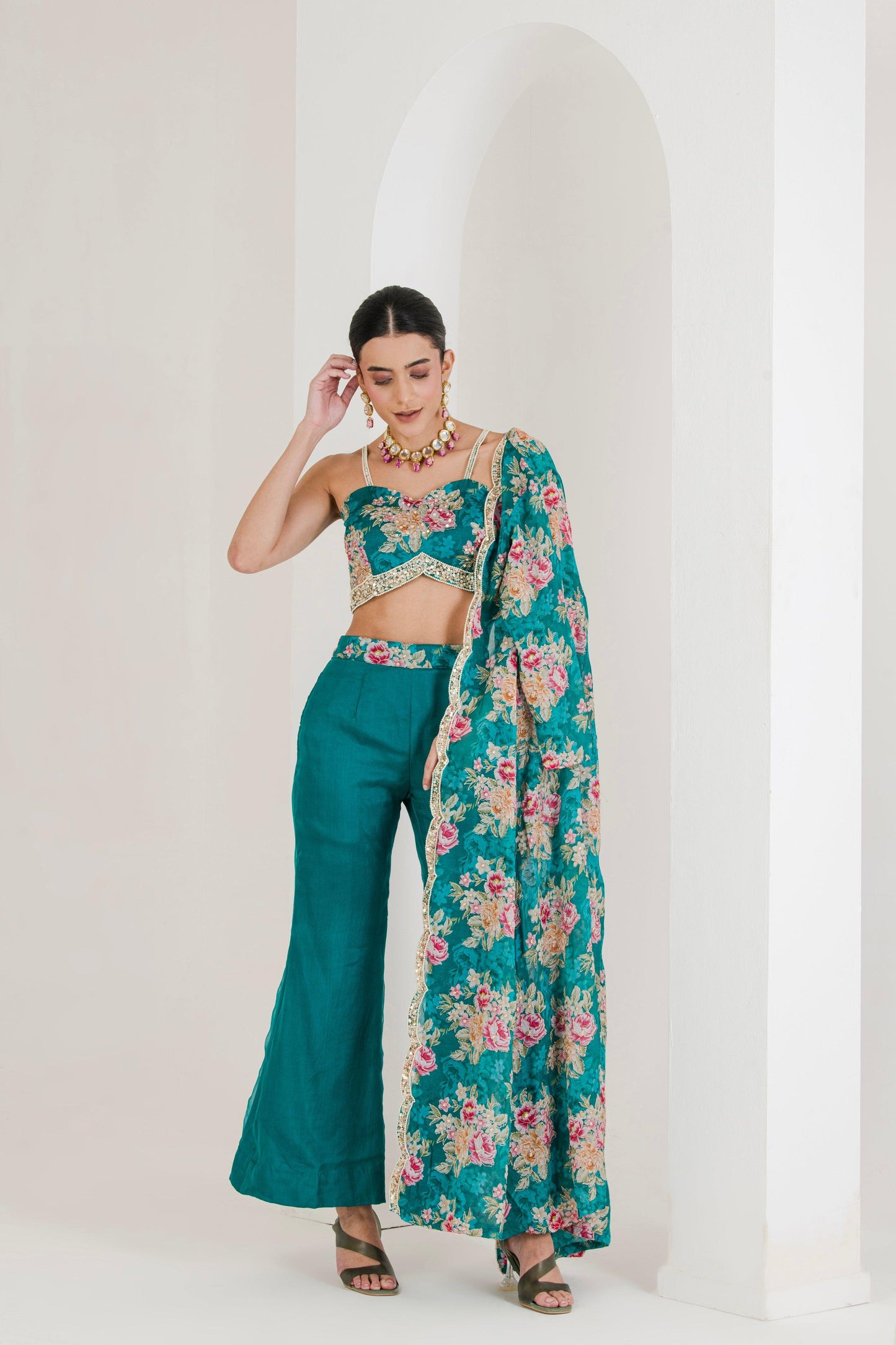 Designer Green Floral Print Hand Embroidered front view 