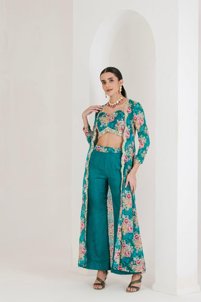 Designer Green Floral Print Hand Embroidered side view 