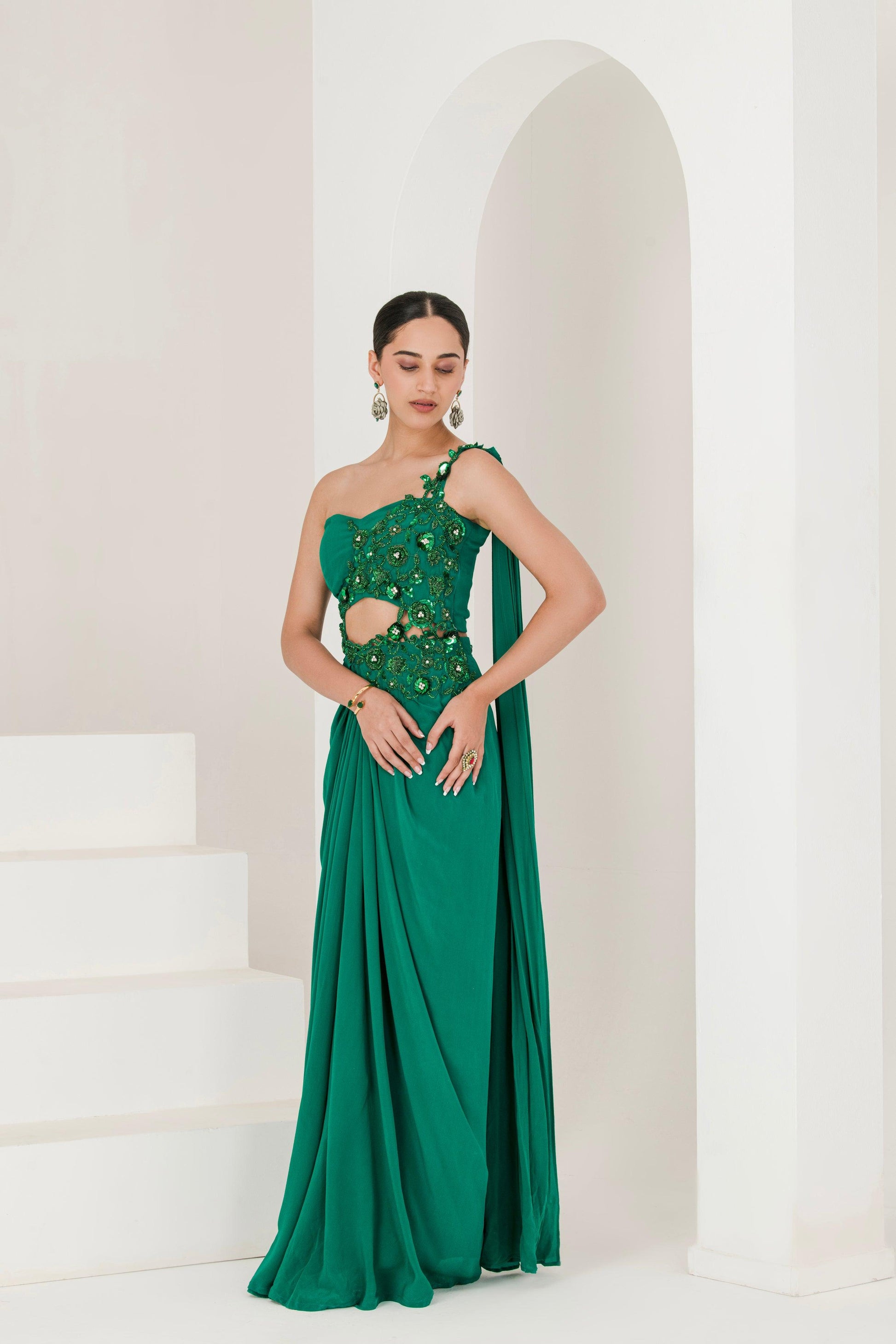 Designer Green Hand Embroidered Pre Stitched Saree