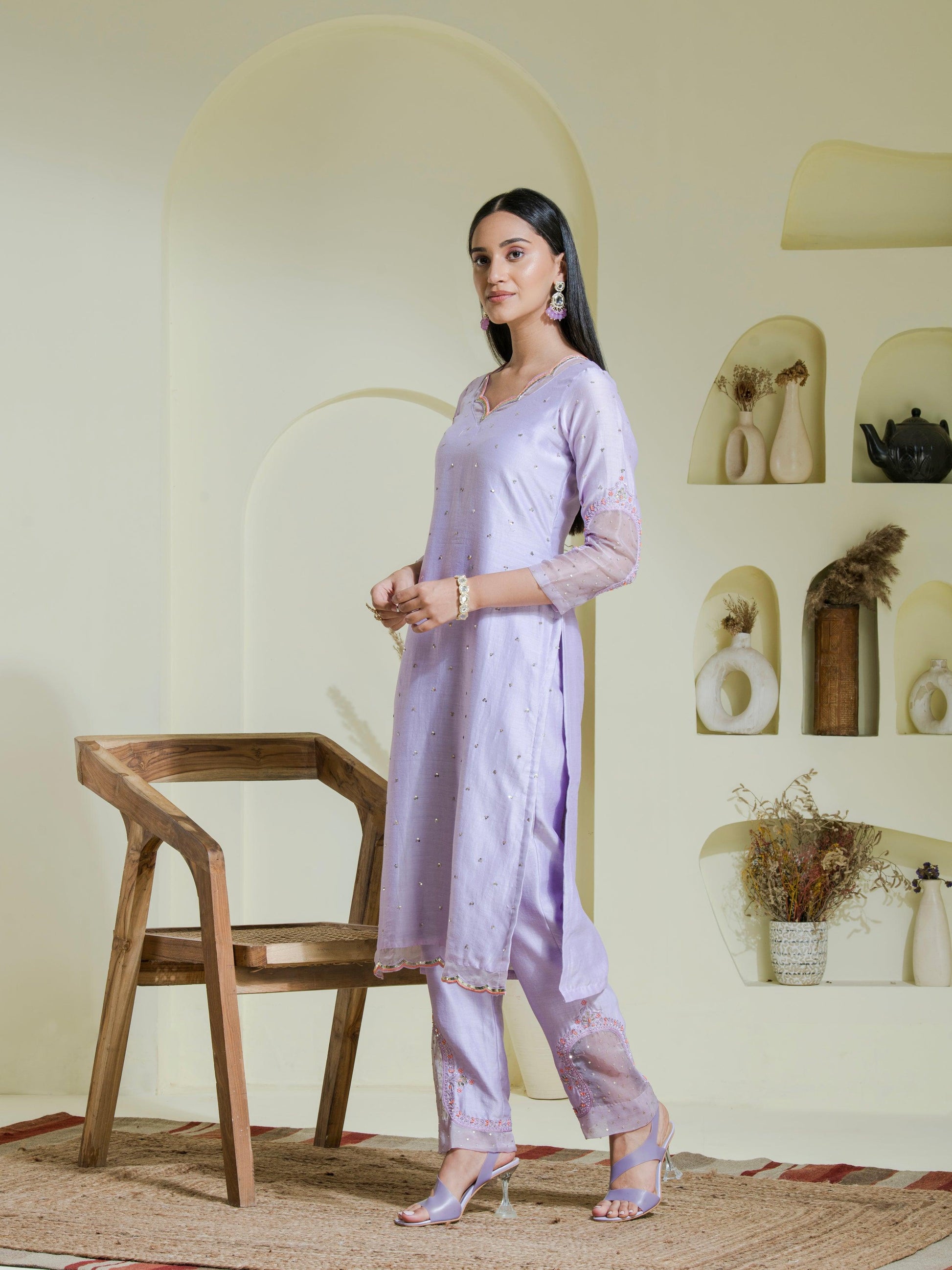 Designer Lavender Hand Embroidered Chanderi Kurta Set  side pose