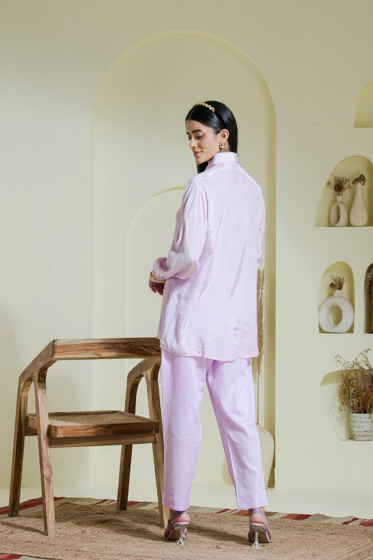 Designer Lilac Hand Embroidered Cotton Shirt back view