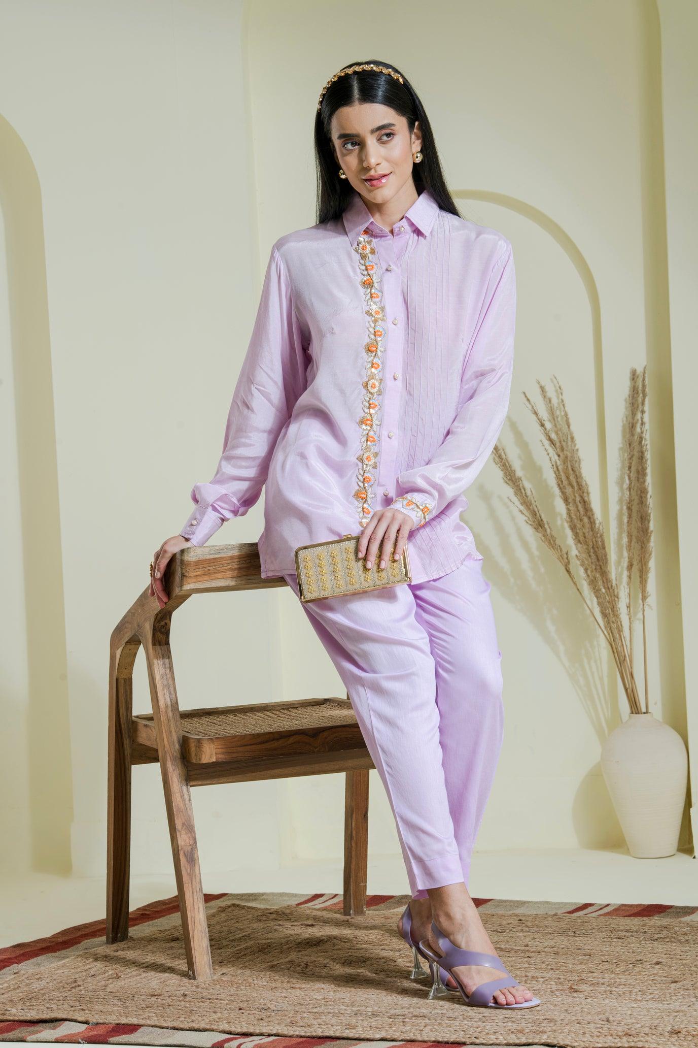 Designer Lilac Hand Embroidered Cotton Shirt side view