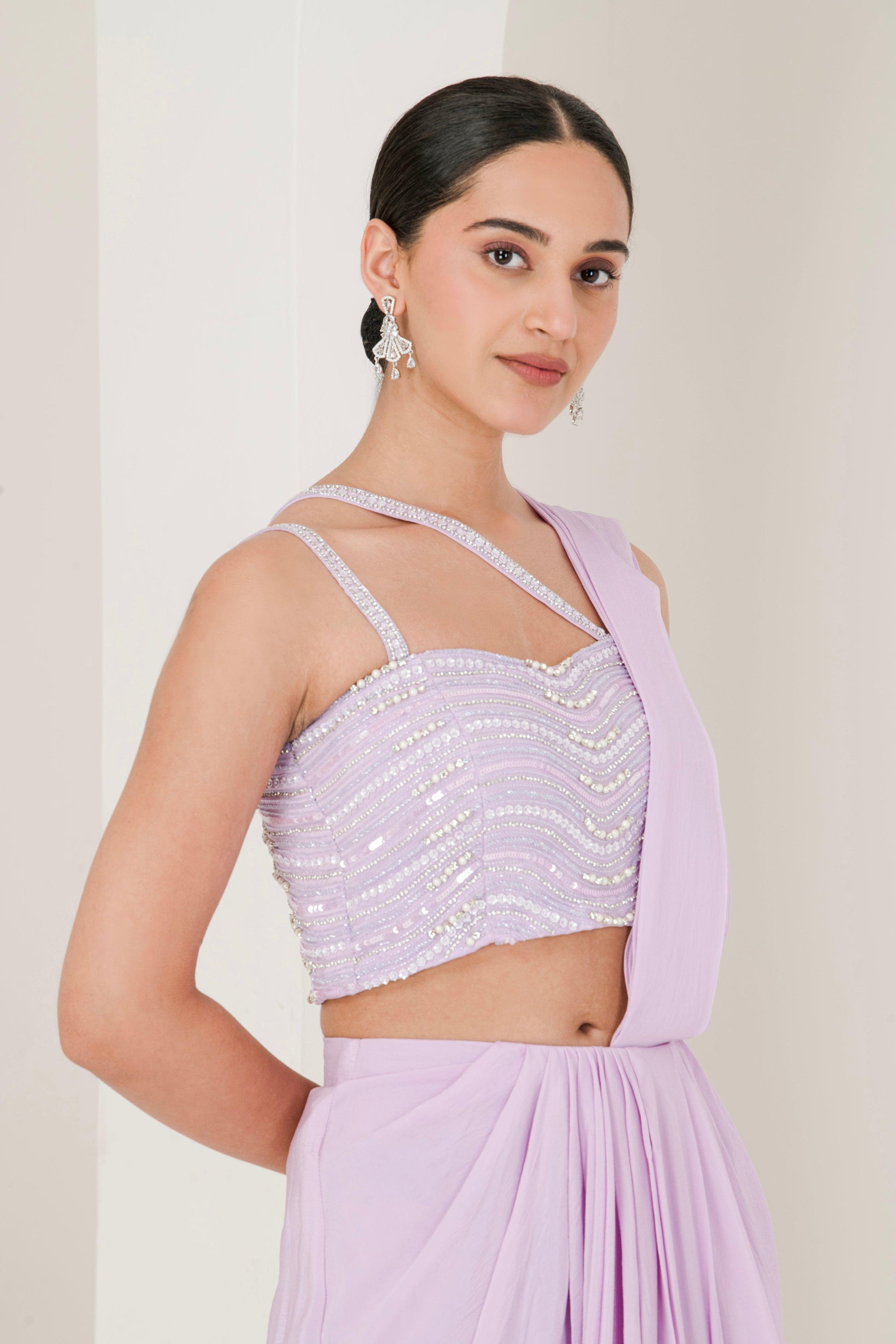Designer Lilac Hand Embroidered Crepe Drape style Pre Stitched Saree ( Set of 2 )