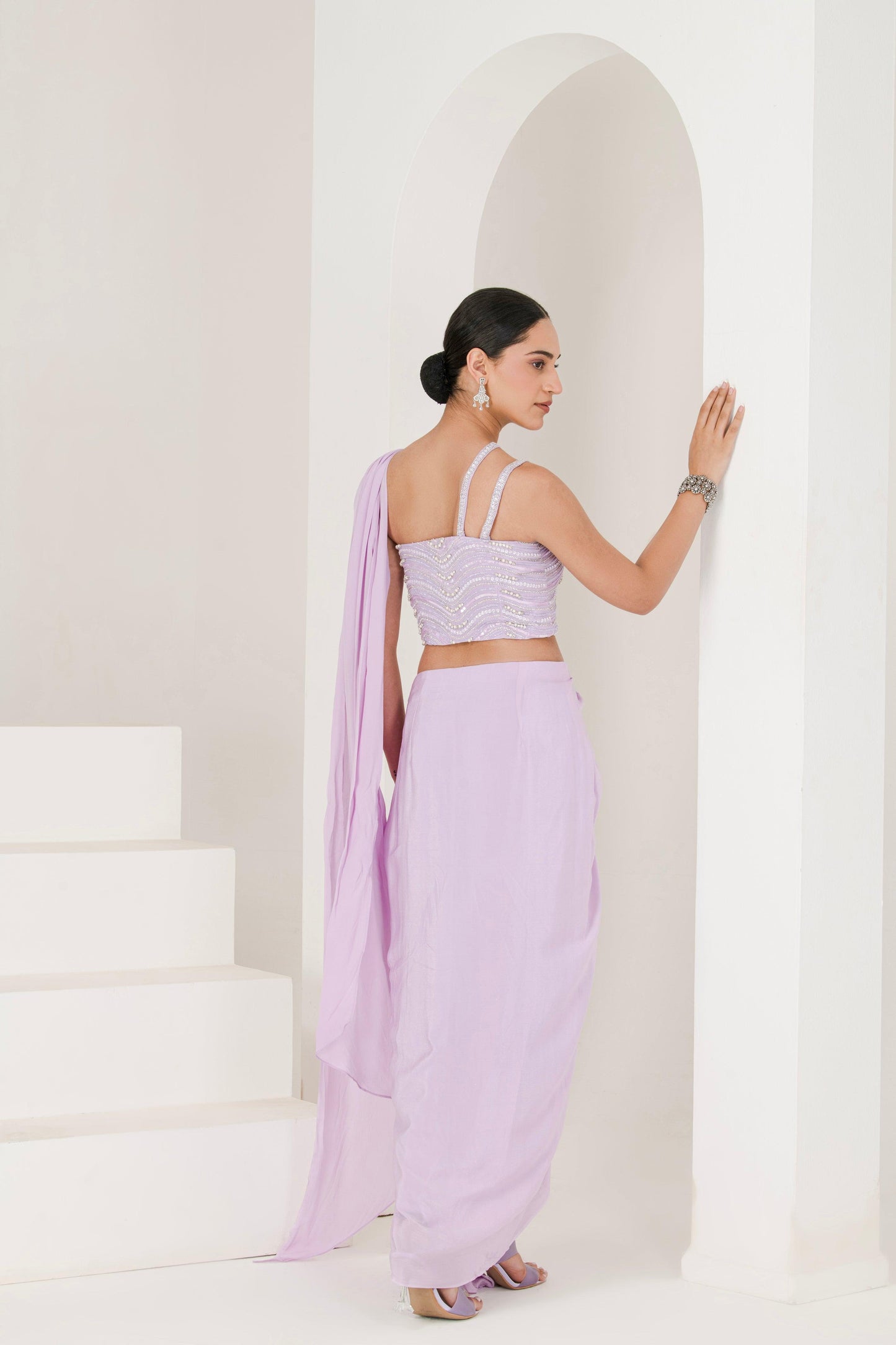 Designer Lilac Hand Embroidered Crepe Drape style Pre Stitched Saree ( Set of 2 ) back view