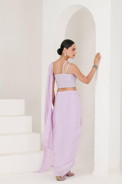 Designer Lilac Hand Embroidered Crepe Drape style Pre Stitched Saree ( Set of 2 ) back view