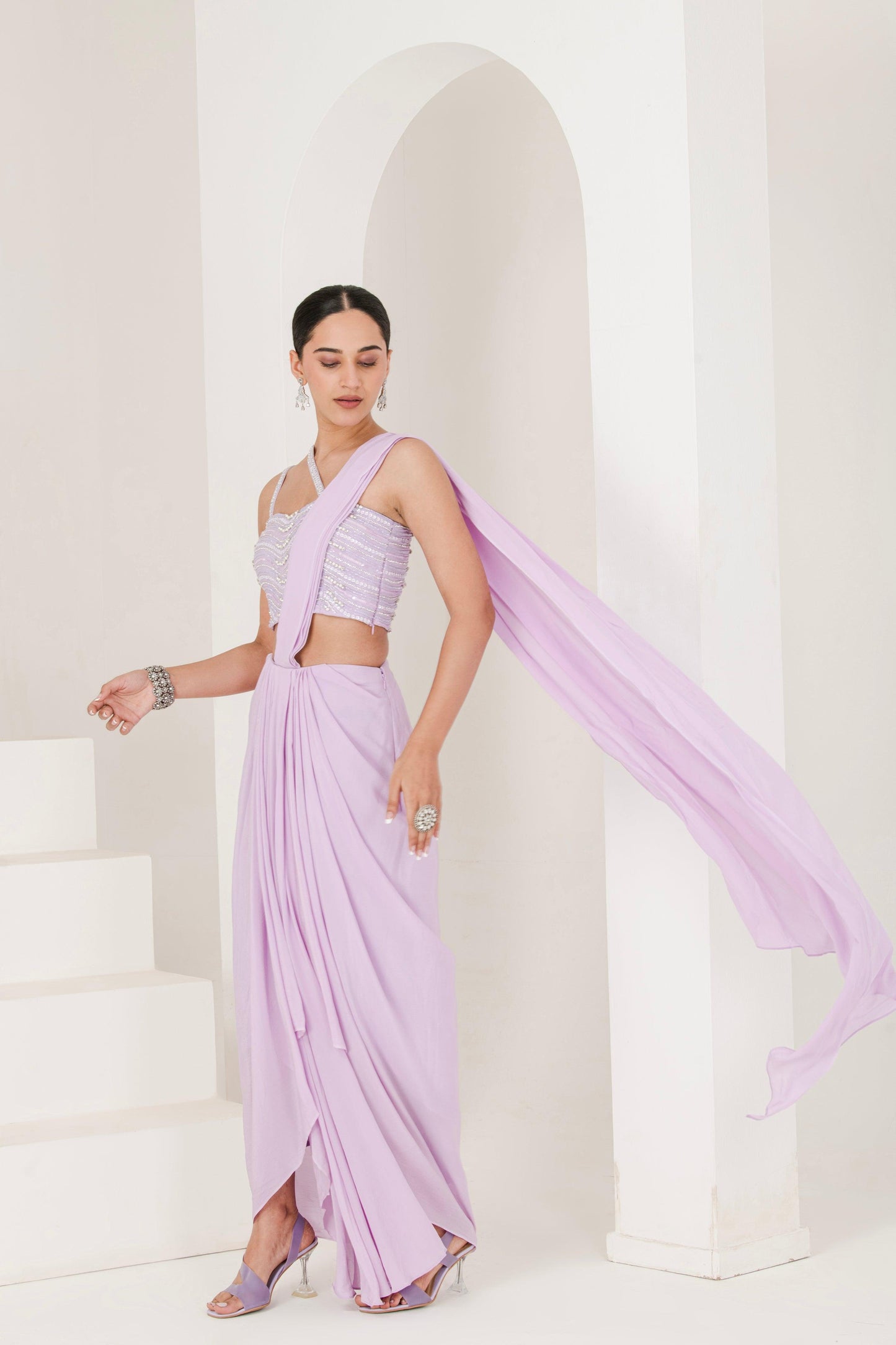 Designer Lilac Hand Embroidered Crepe Drape style Pre Stitched Saree ( Set of 2 ) side view