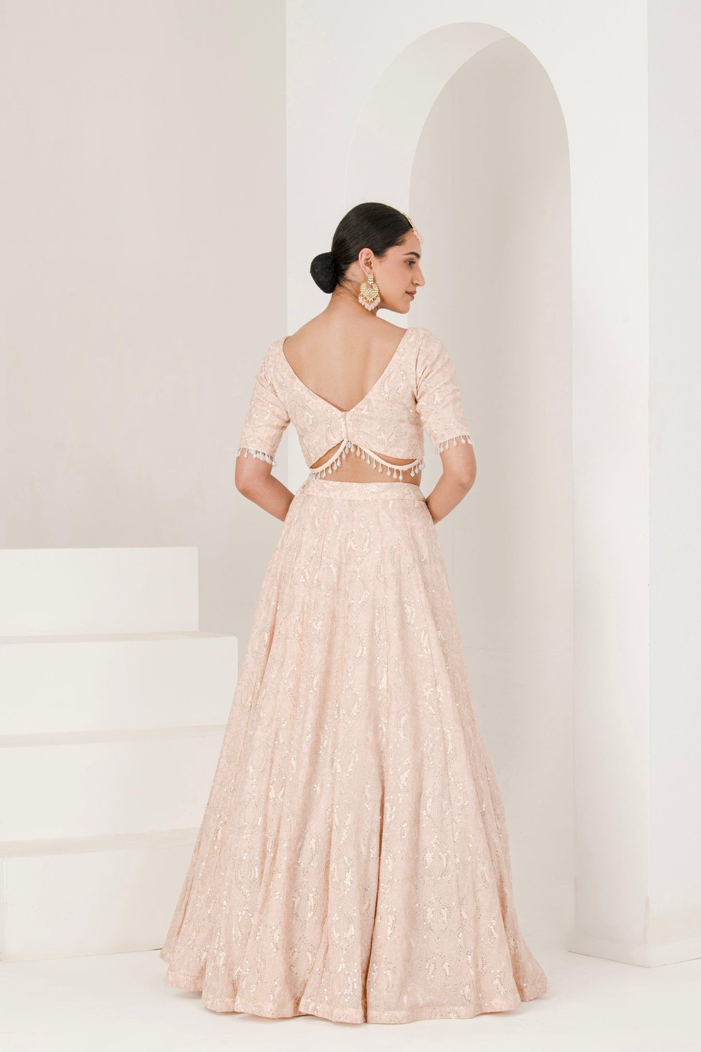 Designer Peach Chikankari Lehenga Set for women backview