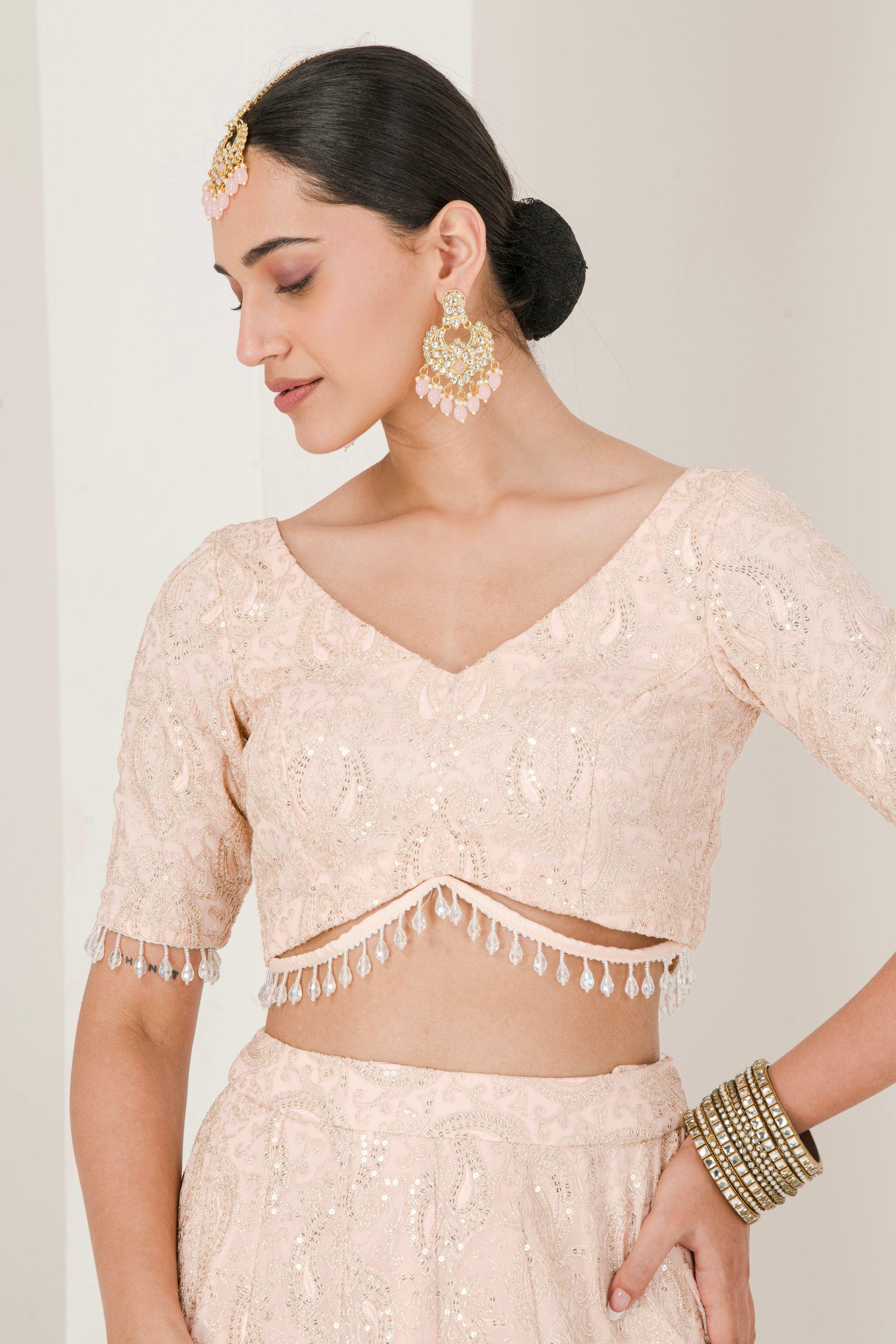 Designer Peach Chikankari Lehenga Set for women front view