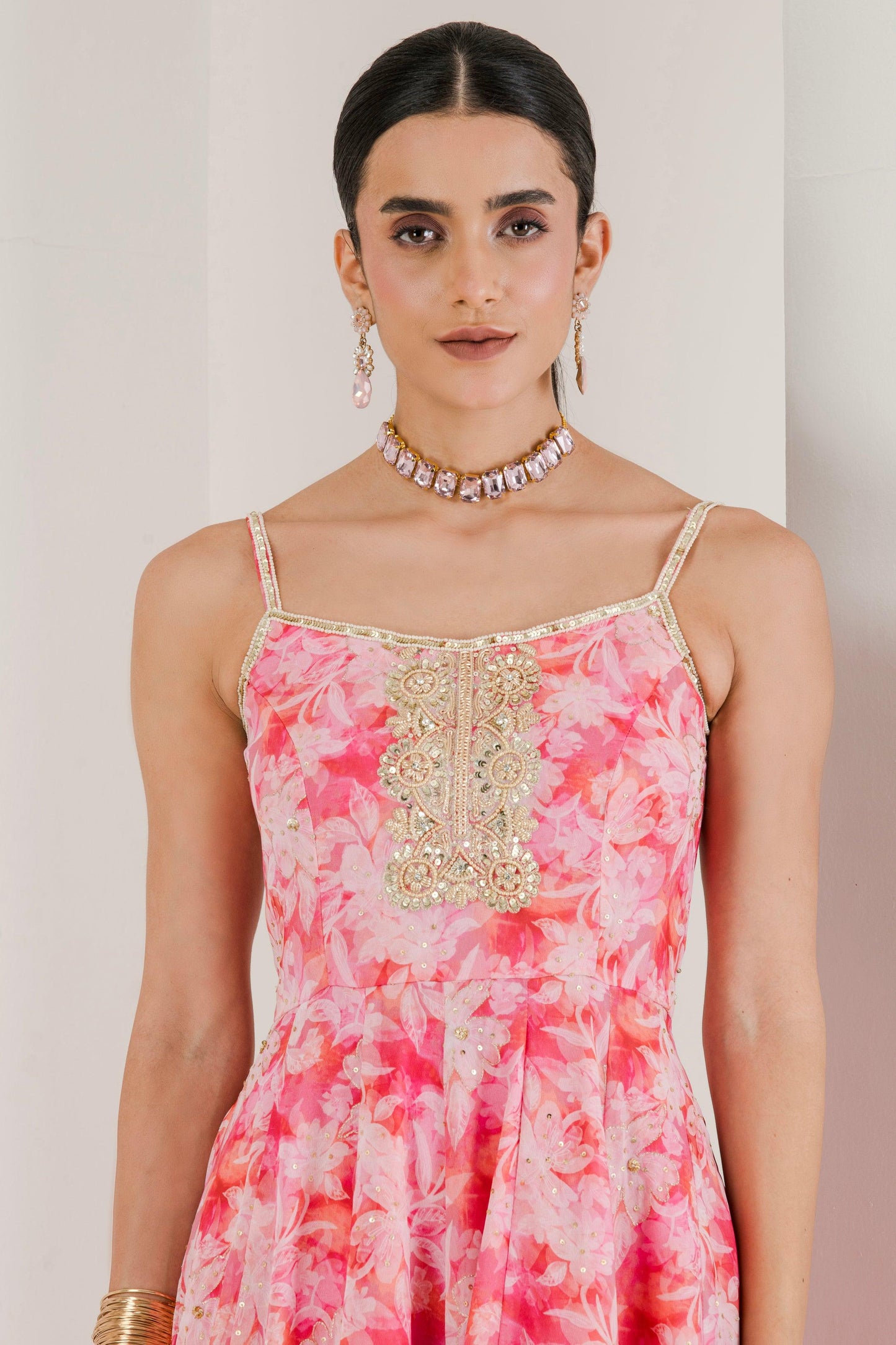 Designer Pink Floral Print Hand Embroidered Anarkali