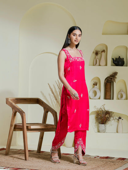 Designer Ruby Pink Hand Embroidered Kurta Set  front pose
