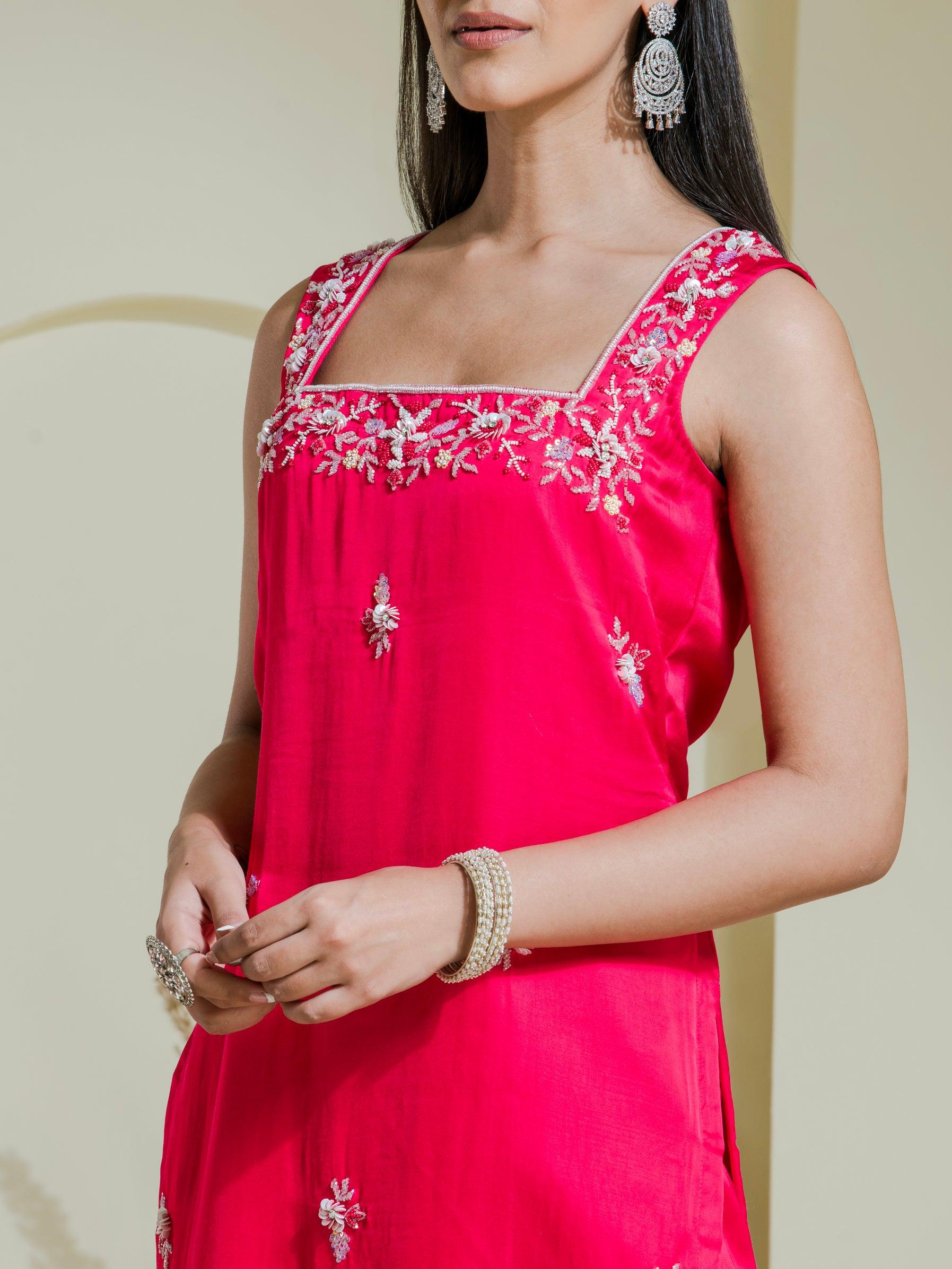 Designer Ruby Pink Hand Embroidered Kurta Set  side pose