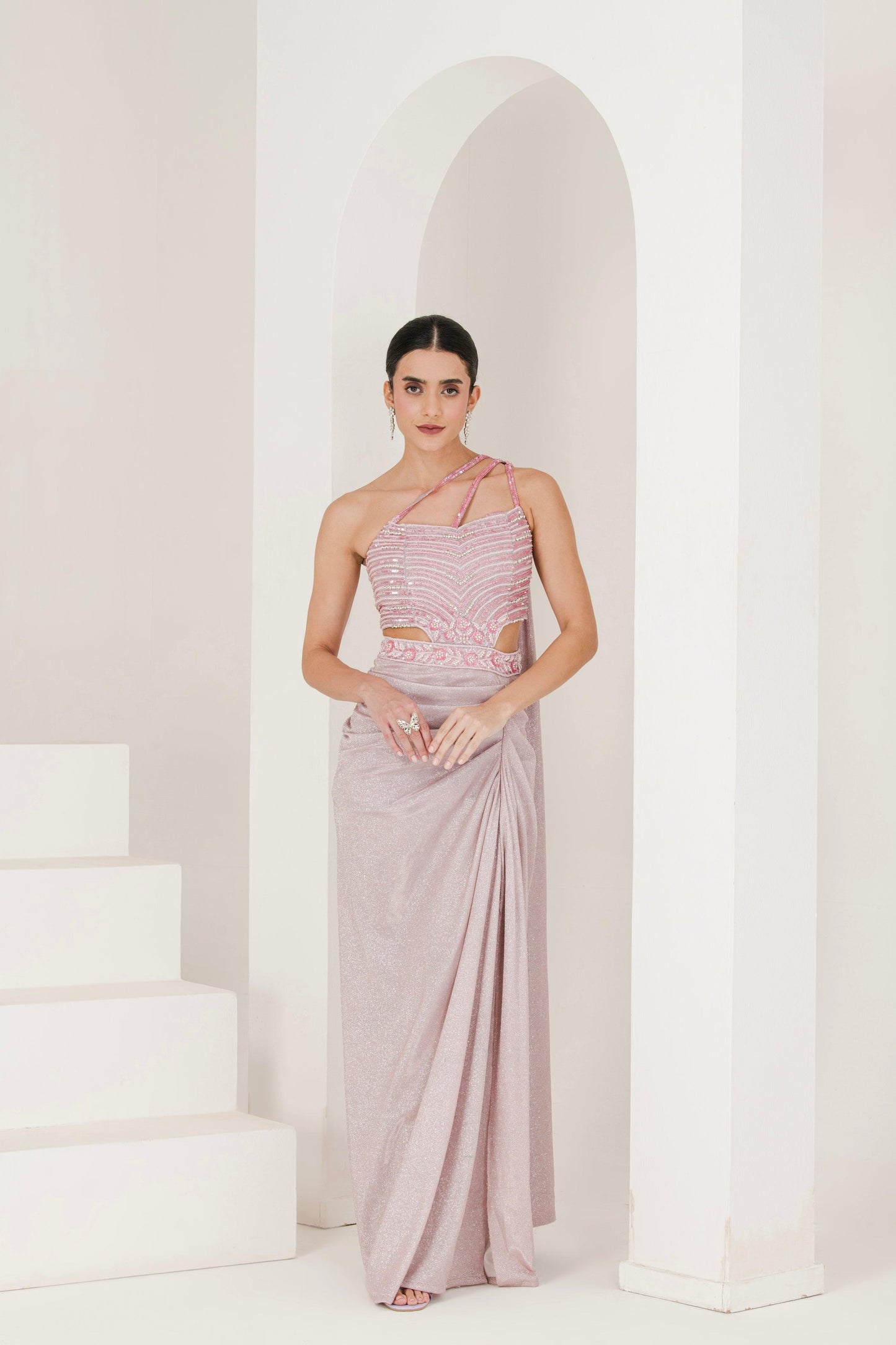 Designer Shimmer Blush pink Draped Pre Stitched Saree
